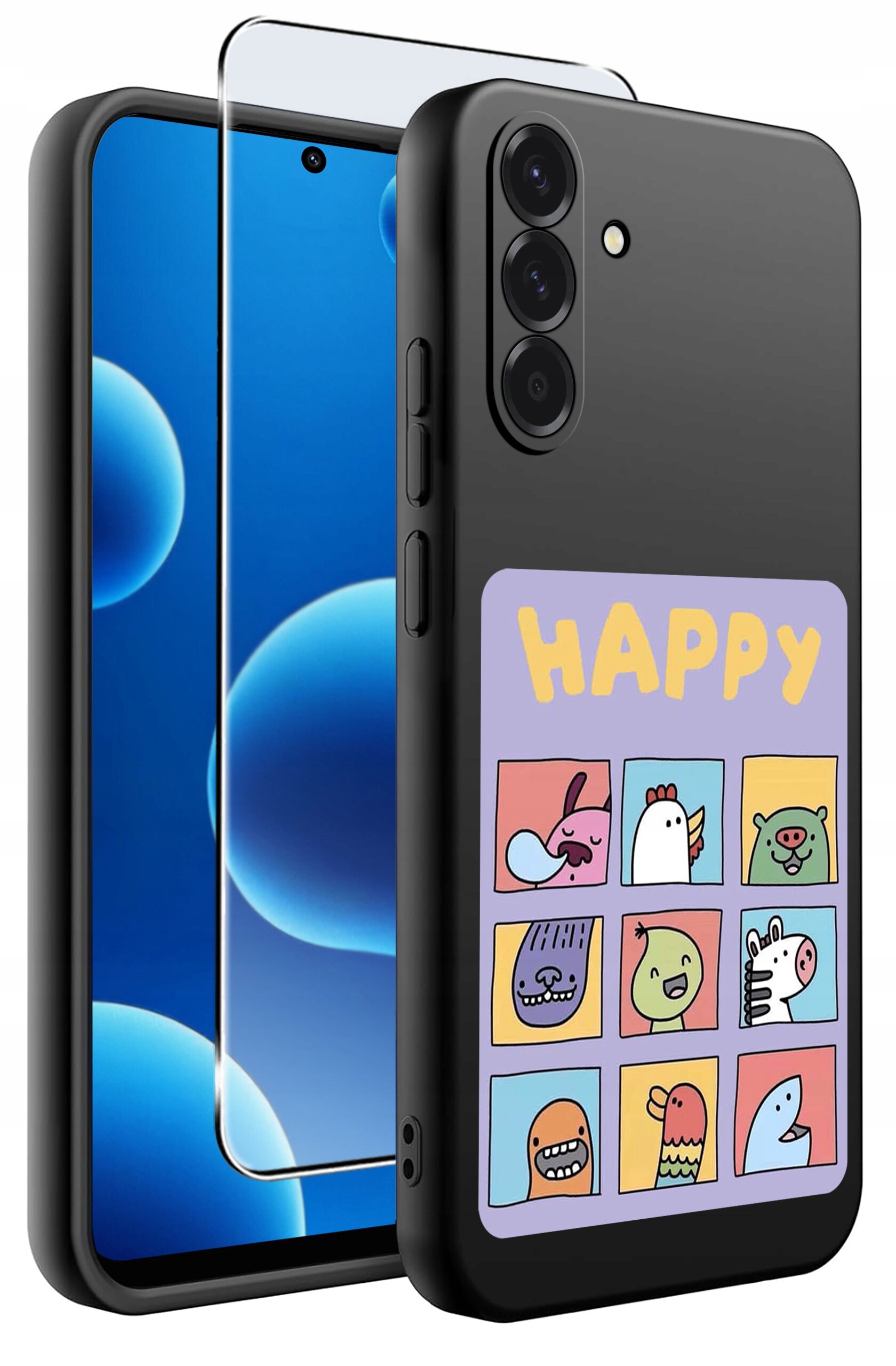 Czarne etui na telefon z kolorowym nadrukiem przedstawiającym dziewięć rysunkowych postaci i napis \'HAPPY\'. Obok etui znajduje się szkło ochronne na ekran.