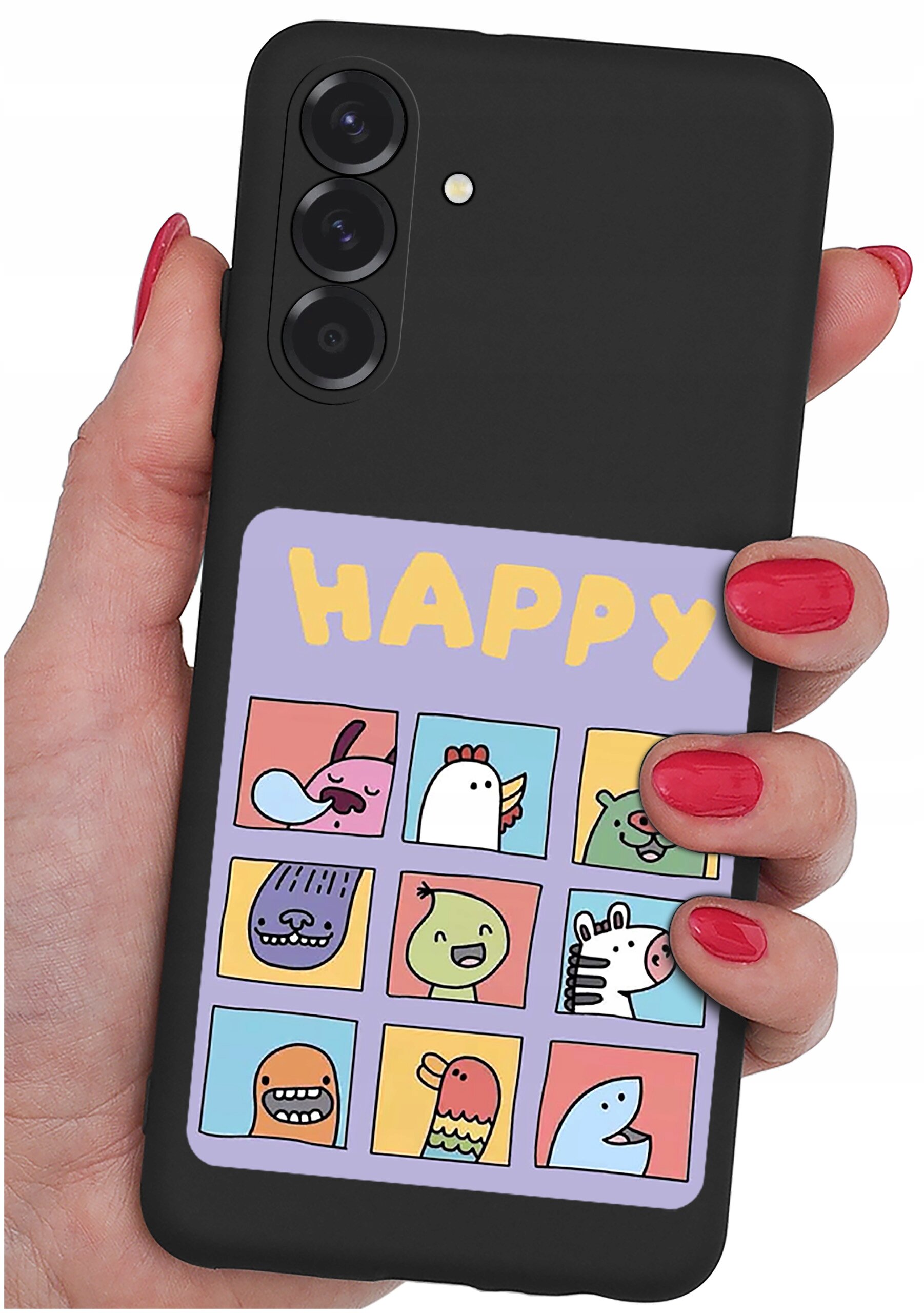 Czarna obudowa telefonu z kolorowym nadrukiem przedstawiającym dziewięć kwadratów z rysunkowymi postaciami i napisem \'HAPPY\' na górze. Obudowa jest trzymana w dłoni z pomalowanymi na czerwono paznokciami.