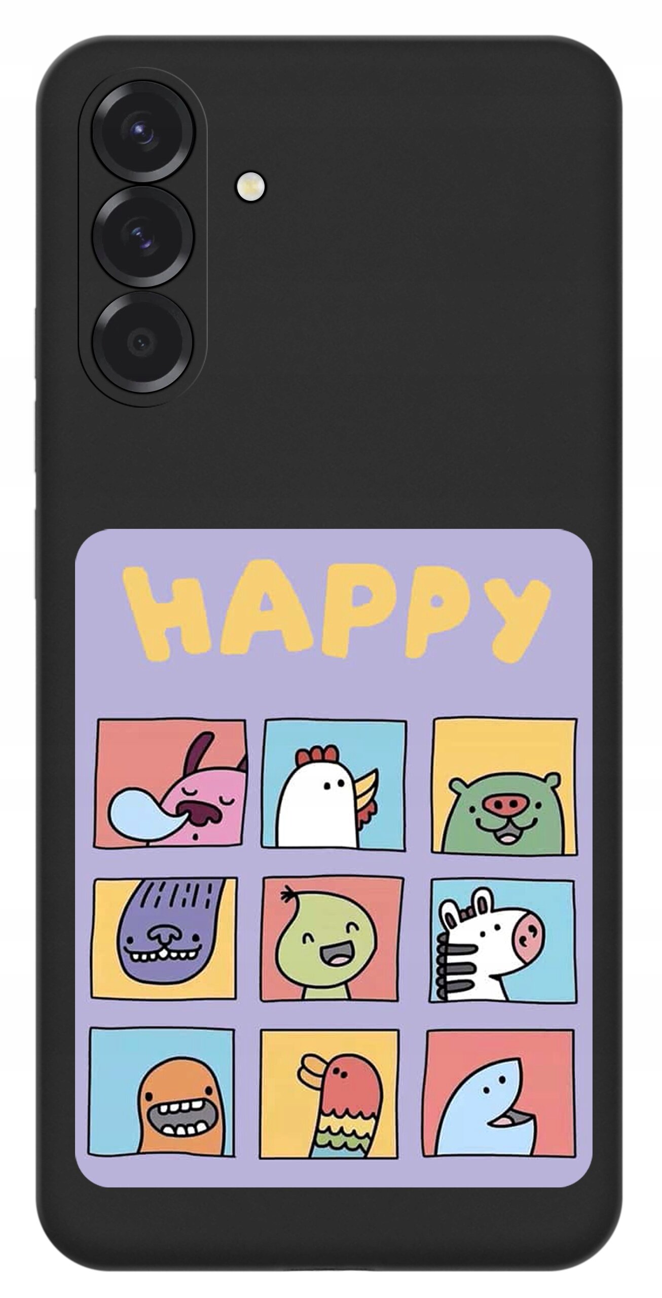 Czarne etui na telefon z trzema aparatami i napisem \'HAPPY\' na fioletowym tle. Poniżej znajduje się dziewięć kolorowych rysunków zwierząt w kwadratowych ramkach.