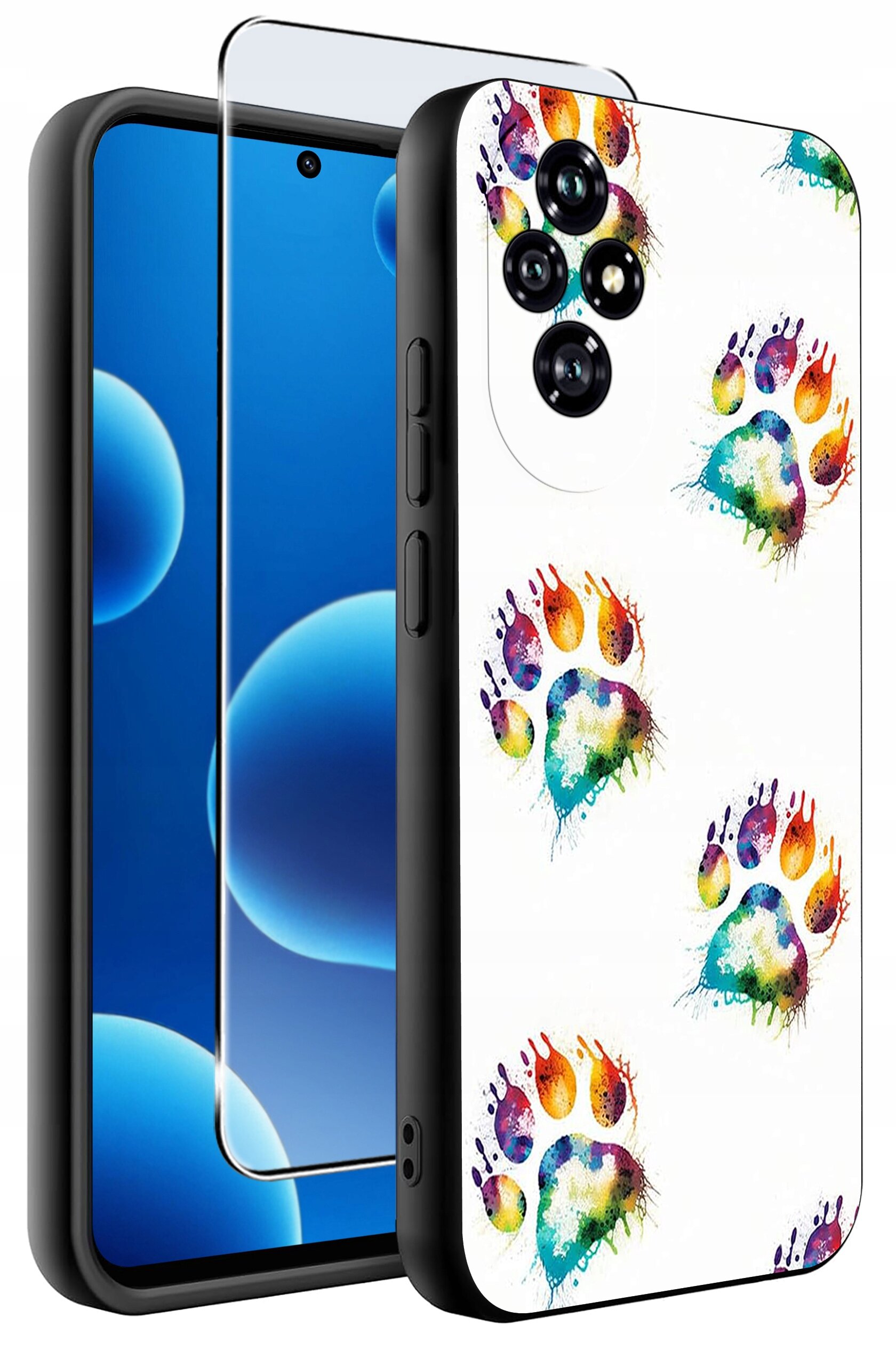 Etui na telefon z kolorowymi wzorami łapek oraz szkło ochronne na ekran. Etui ma czarne krawędzie i otwory na aparat oraz przyciski.