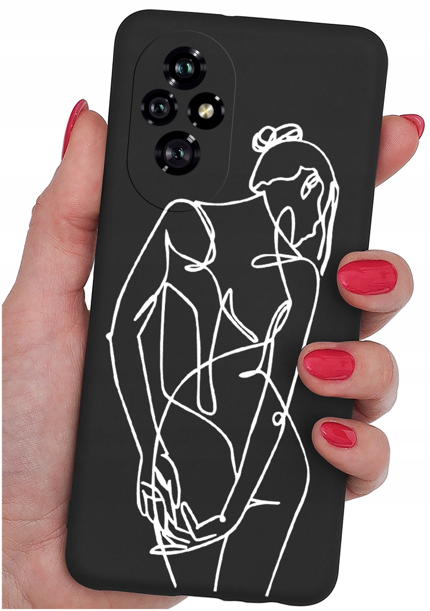 Czarne etui na telefon z białym, abstrakcyjnym wzorem przedstawiającym sylwetkę osoby. Etui trzymane jest w dłoni z pomalowanymi na czerwono paznokciami.