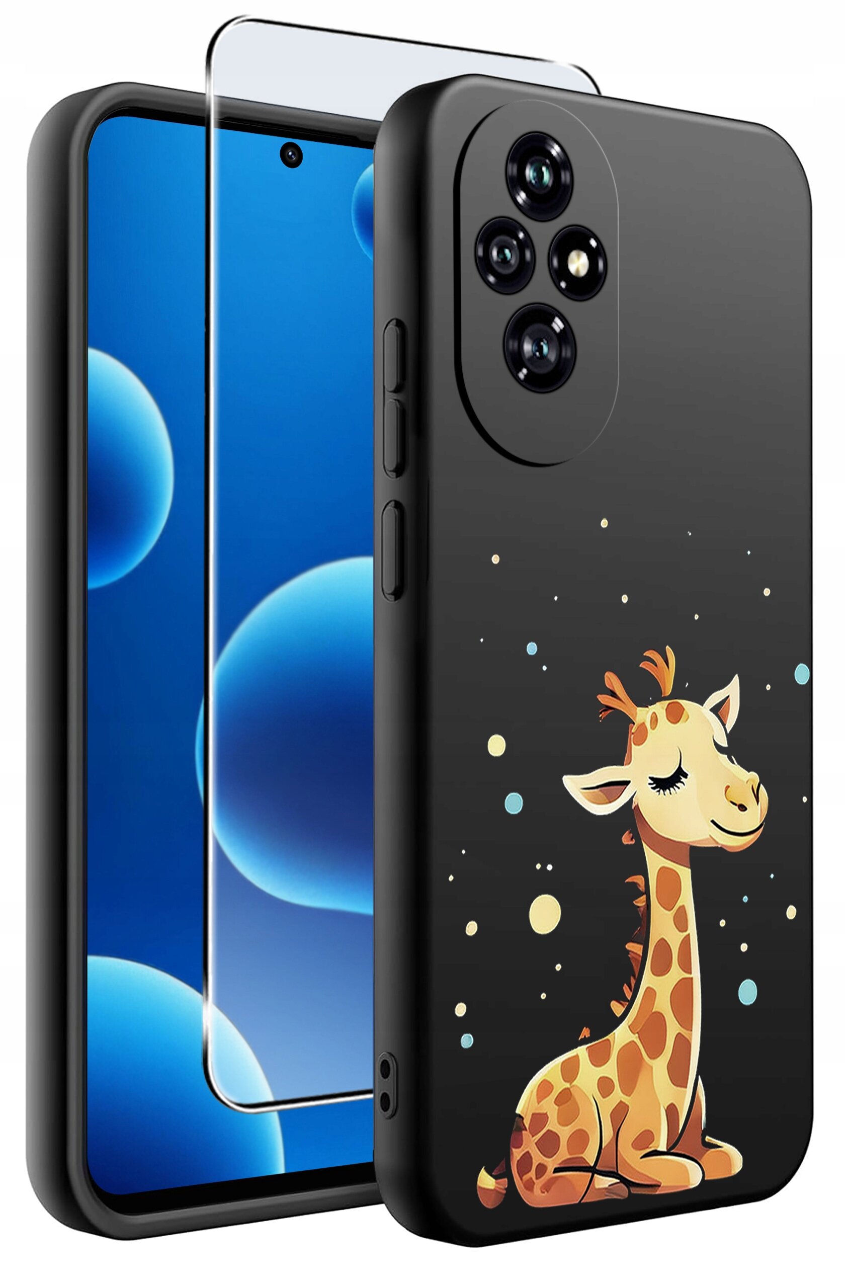 Etui na telefon z motywem żyrafy na czarnym tle, obok widoczna szybka ochronna na ekran.