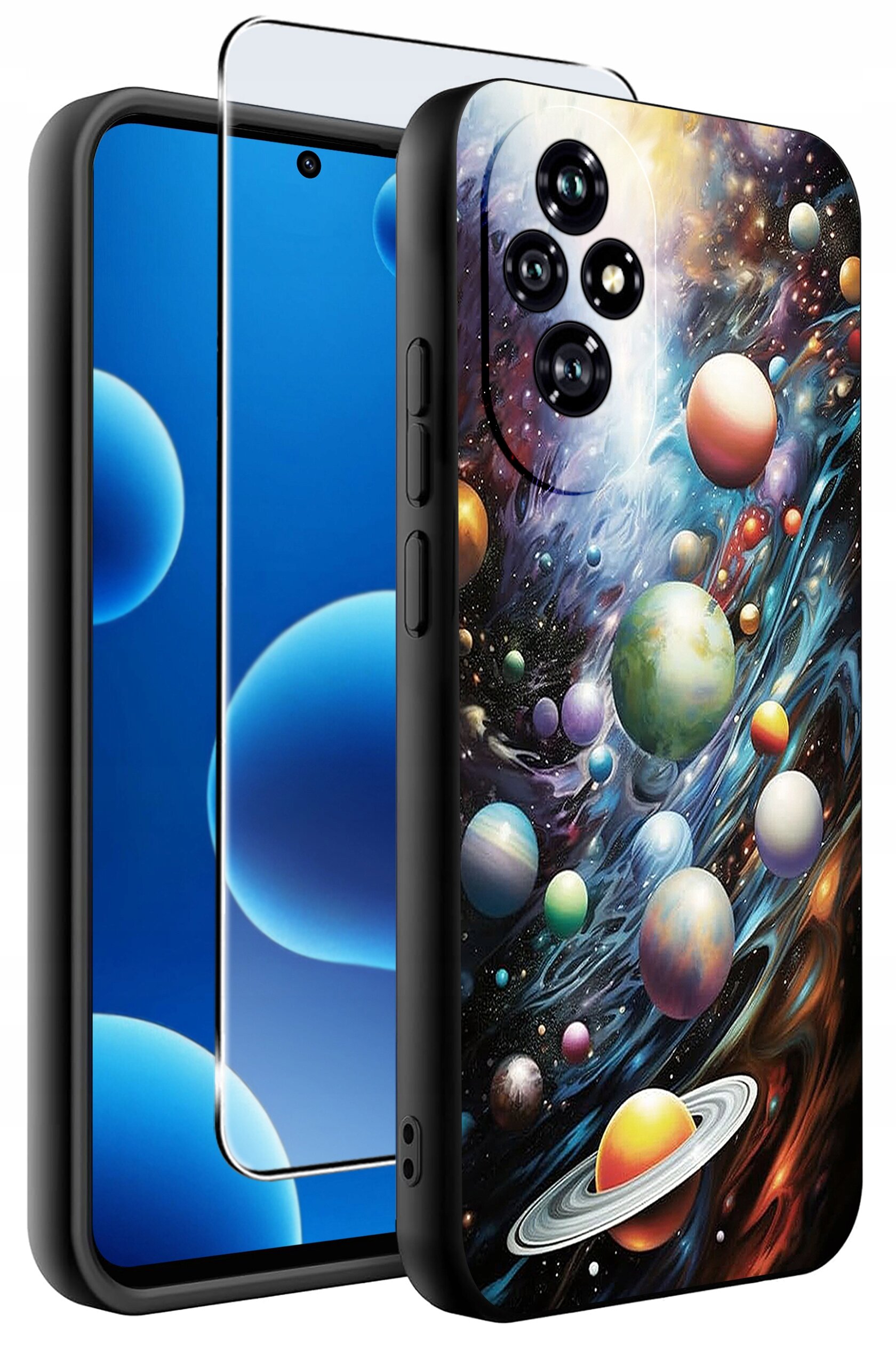 Obraz przedstawia etui na telefon z kolorowym wzorem planet na tle kosmosu oraz szkło ochronne na ekran. Etui ma wycięcia na aparat i przyciski boczne.