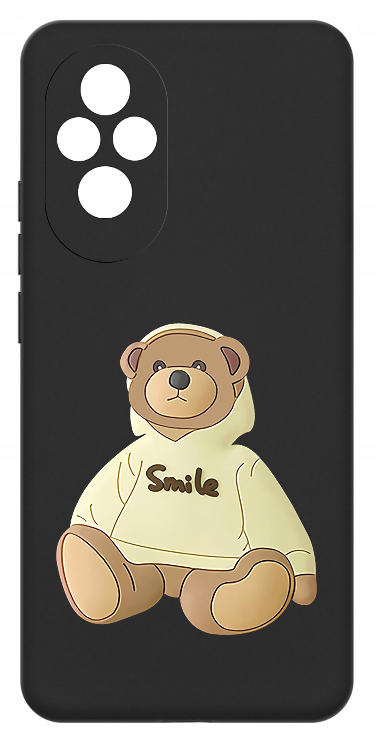Czarne etui z nadrukiem misia w jasnej bluzie z napisem \'Smile\'. Etui posiada wycięcia na cztery obiektywy aparatu.