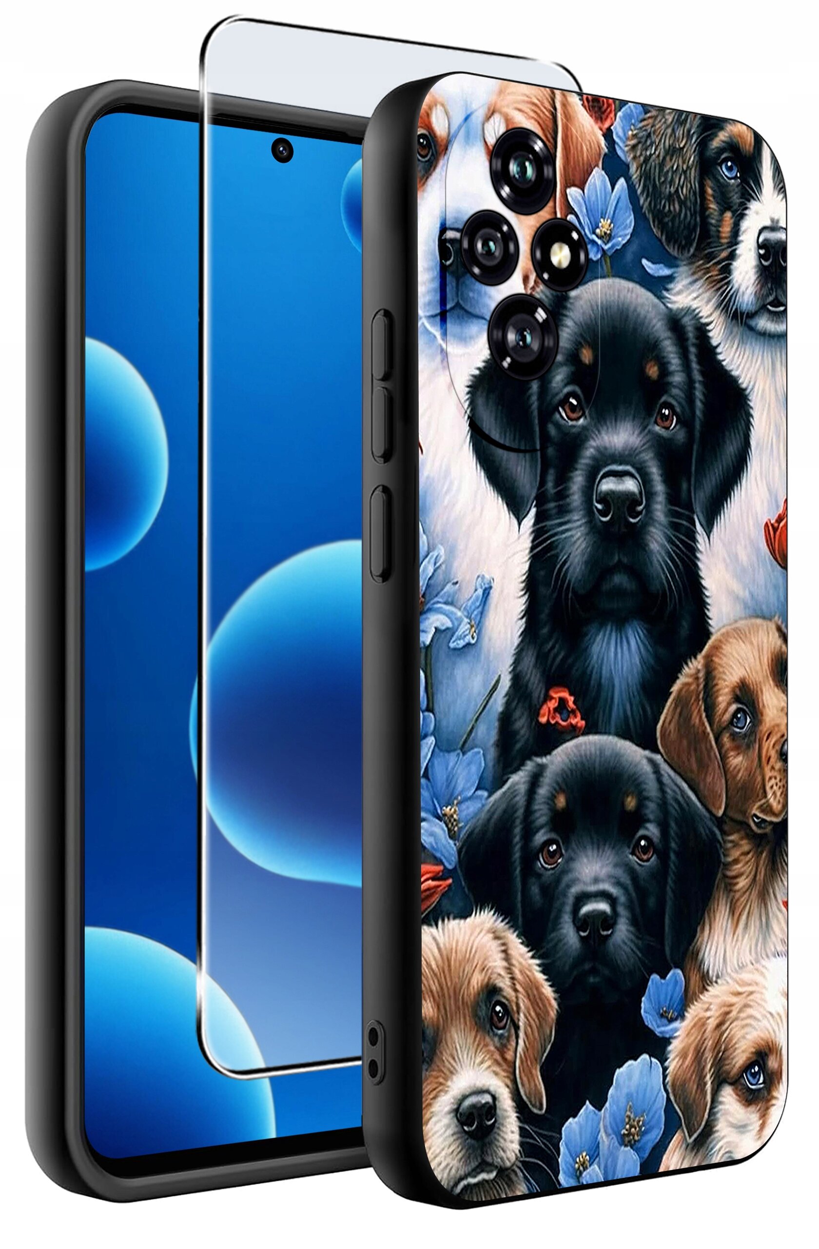 Etui na telefon z nadrukiem przedstawiającym psy i niebieskie kwiaty. Obok etui znajduje się szkło ochronne na ekran.