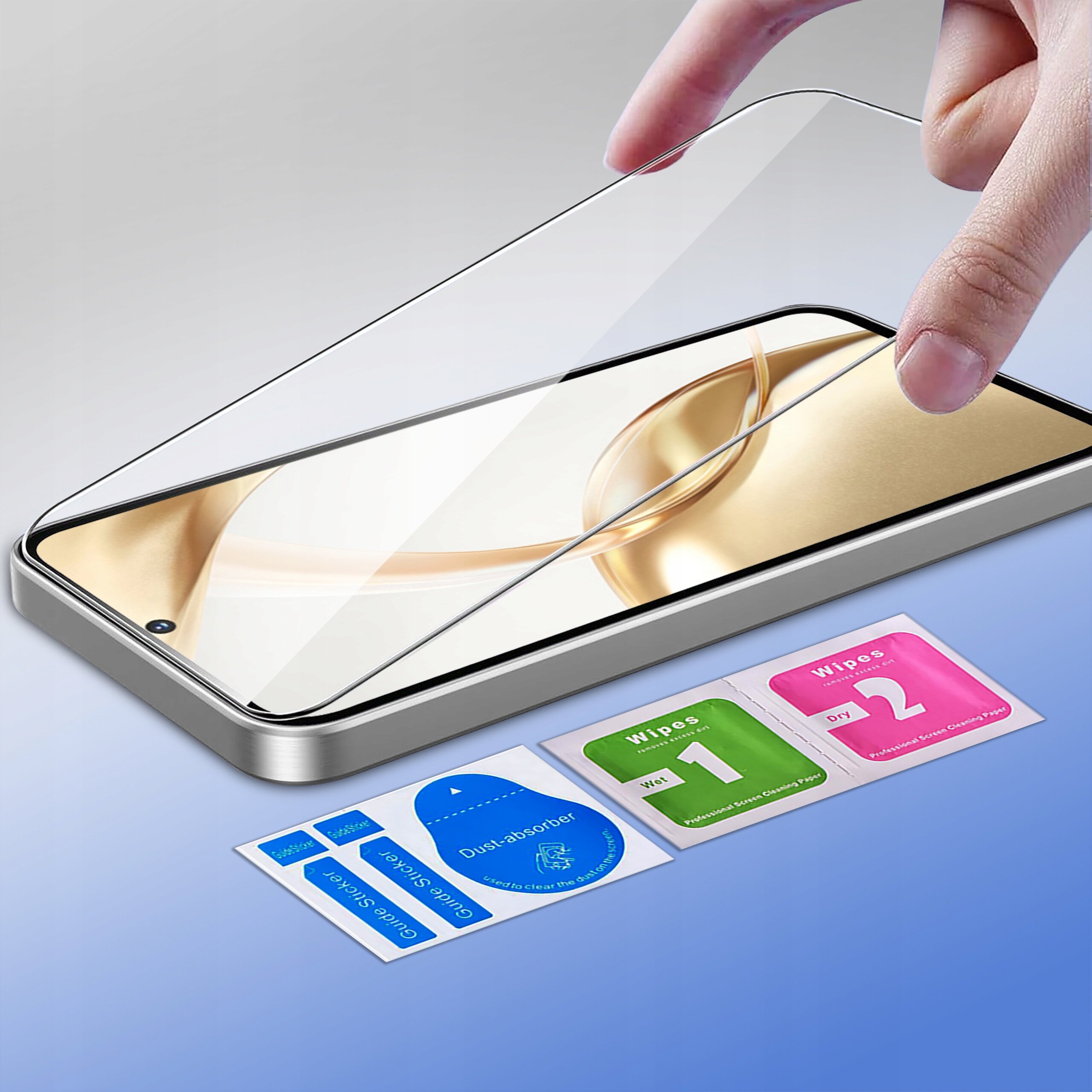 Na obrazie widać smartfon z nałożonym szkłem ochronnym, a obok znajdują się akcesoria do czyszczenia ekranu oznaczone jako \'Wipes 1\' i \'Wipes 2\'.