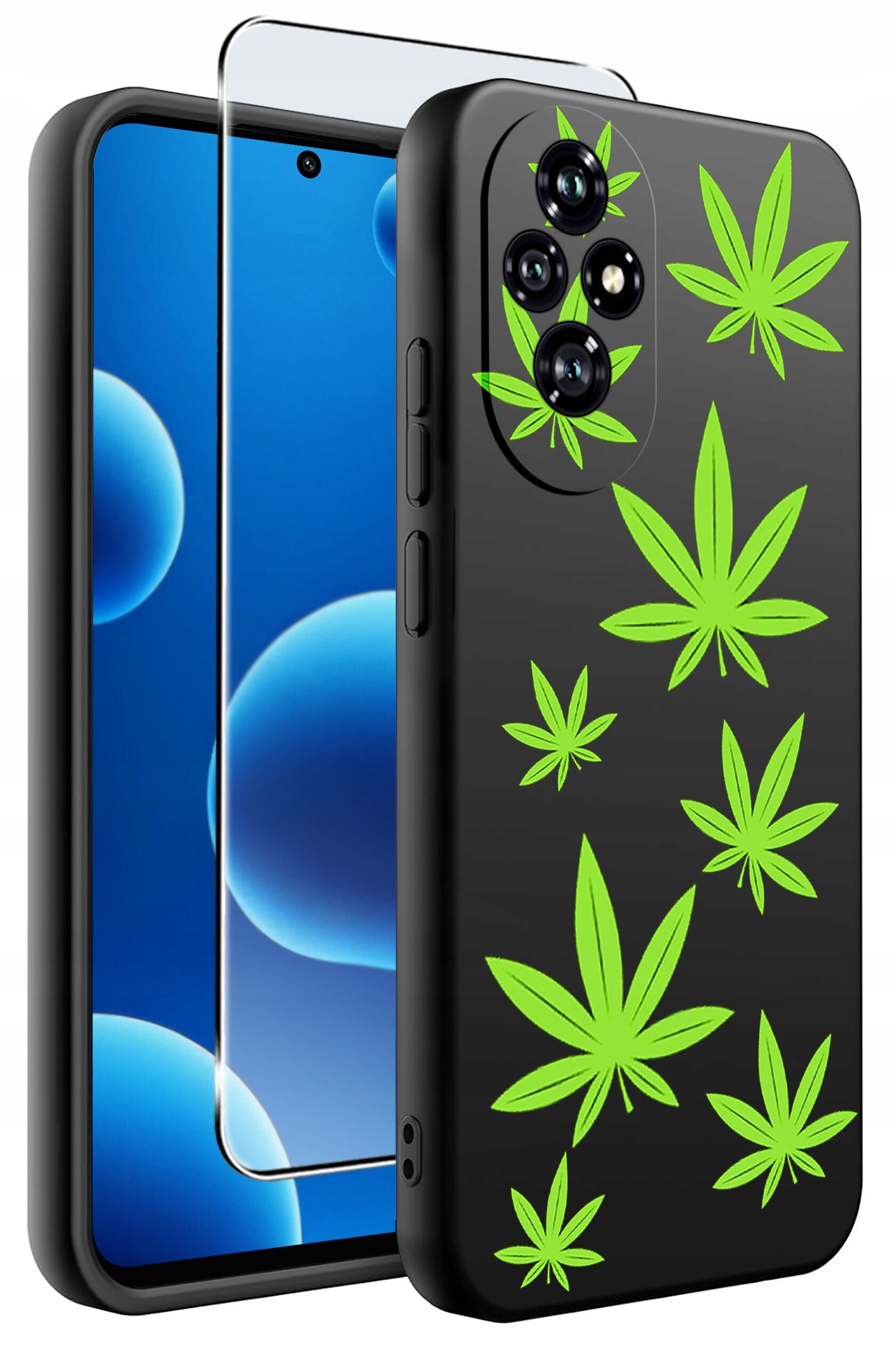 Obraz przedstawia czarne etui na telefon z zielonymi wzorami liści oraz szkło ochronne. Etui ma wycięcia na aparat i przyciski boczne.