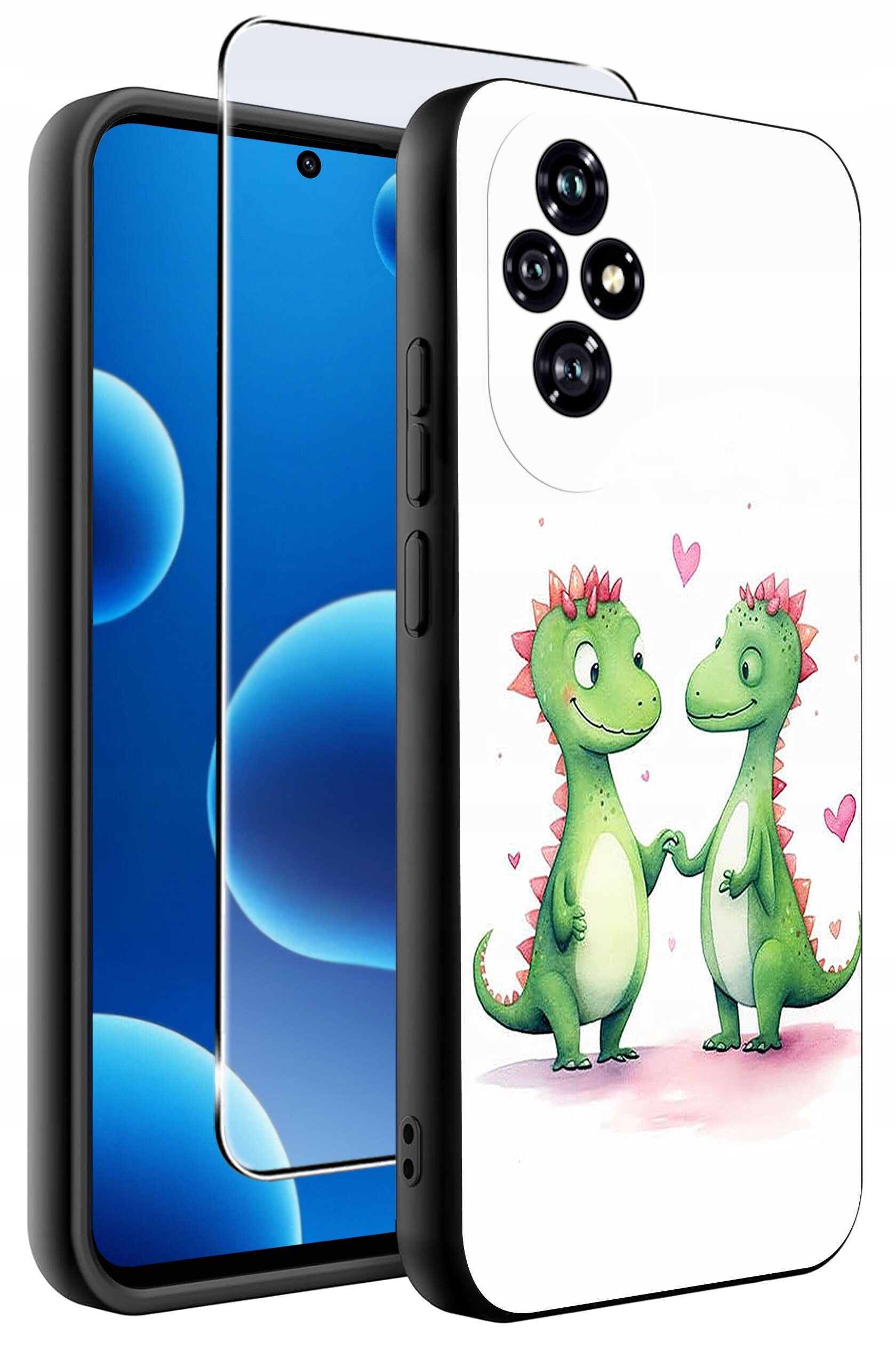 Etui na telefon z nadrukiem dwóch zielonych dinozaurów trzymających się za ręce, otoczonych różowymi serduszkami. W zestawie znajduje się również szkło ochronne na ekran.