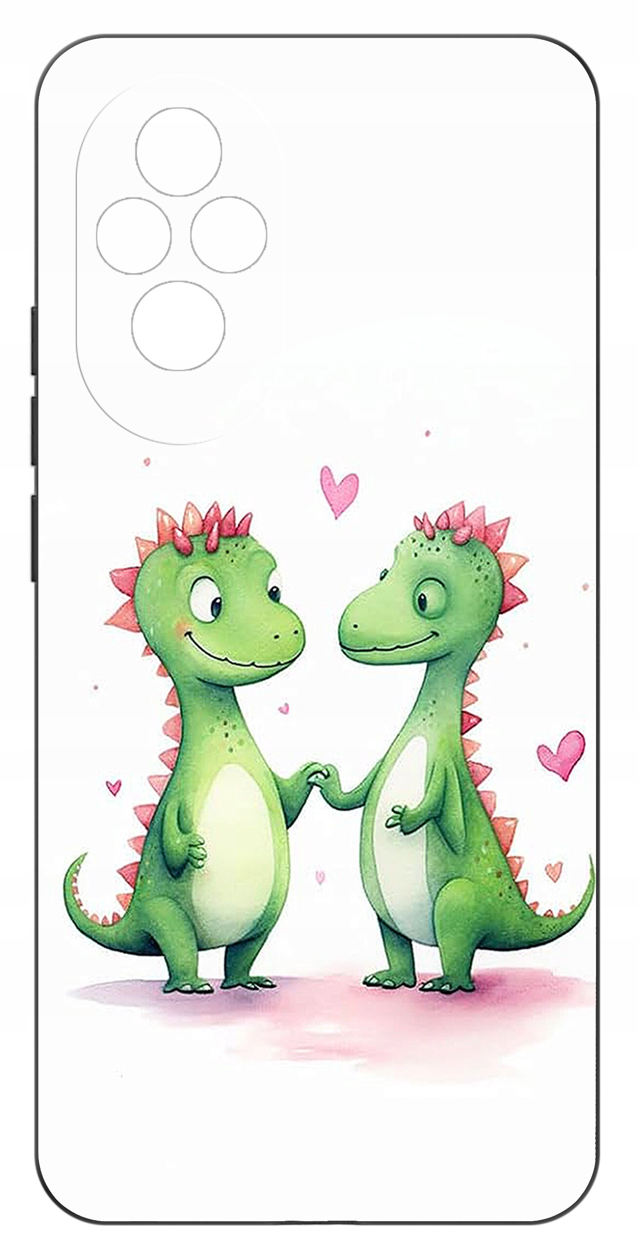 Etui na telefon z nadrukiem dwóch zielonych dinozaurów trzymających się za ręce, otoczonych różowymi serduszkami. W tle widoczny jest zarys aparatu telefonu.