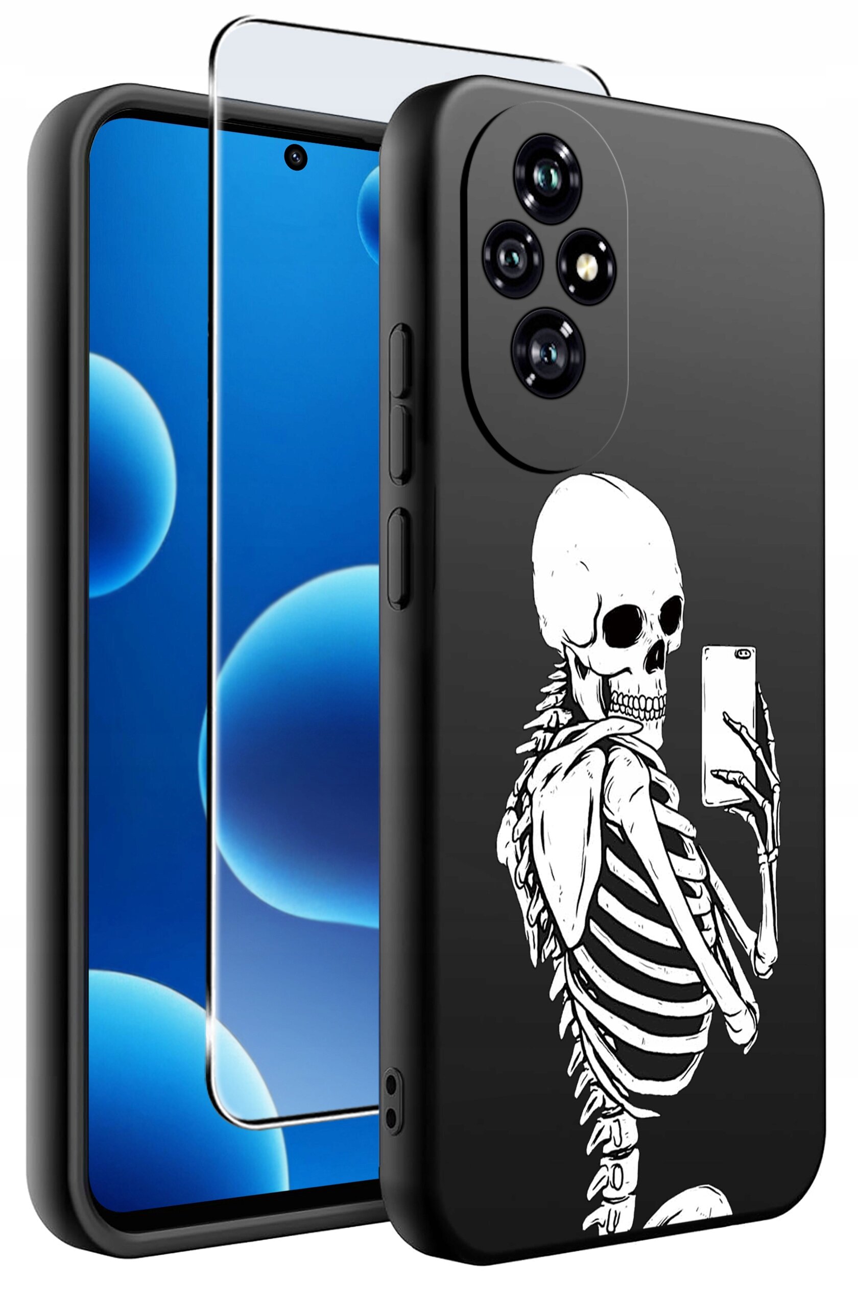 Czarne silikonowe etui z nadrukiem szkieletu trzymającego smartfon, obok znajduje się szkło ochronne na ekran. Etui posiada wycięcia na aparat i przyciski boczne.