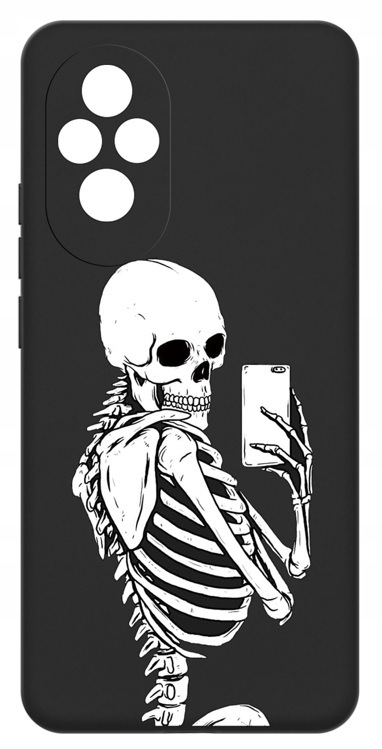 Czarne etui na telefon z nadrukiem białego szkieletu trzymającego smartfon. Etui posiada wycięcia na cztery obiektywy aparatu.