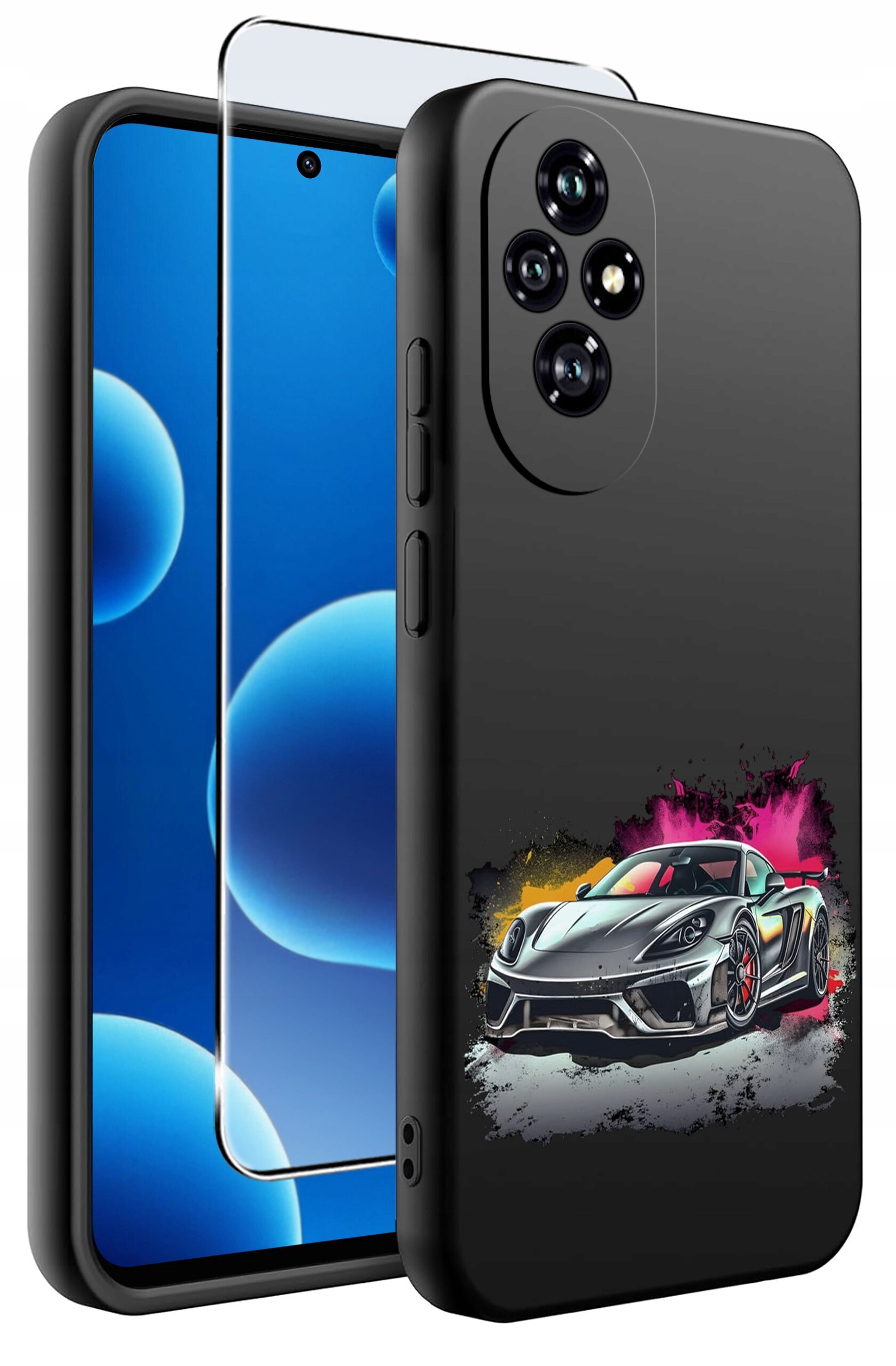 Obraz przedstawia silikonowe etui na telefon z nadrukiem sportowego samochodu na tle kolorowych plam. Obok etui znajduje się szkło ochronne na ekran.