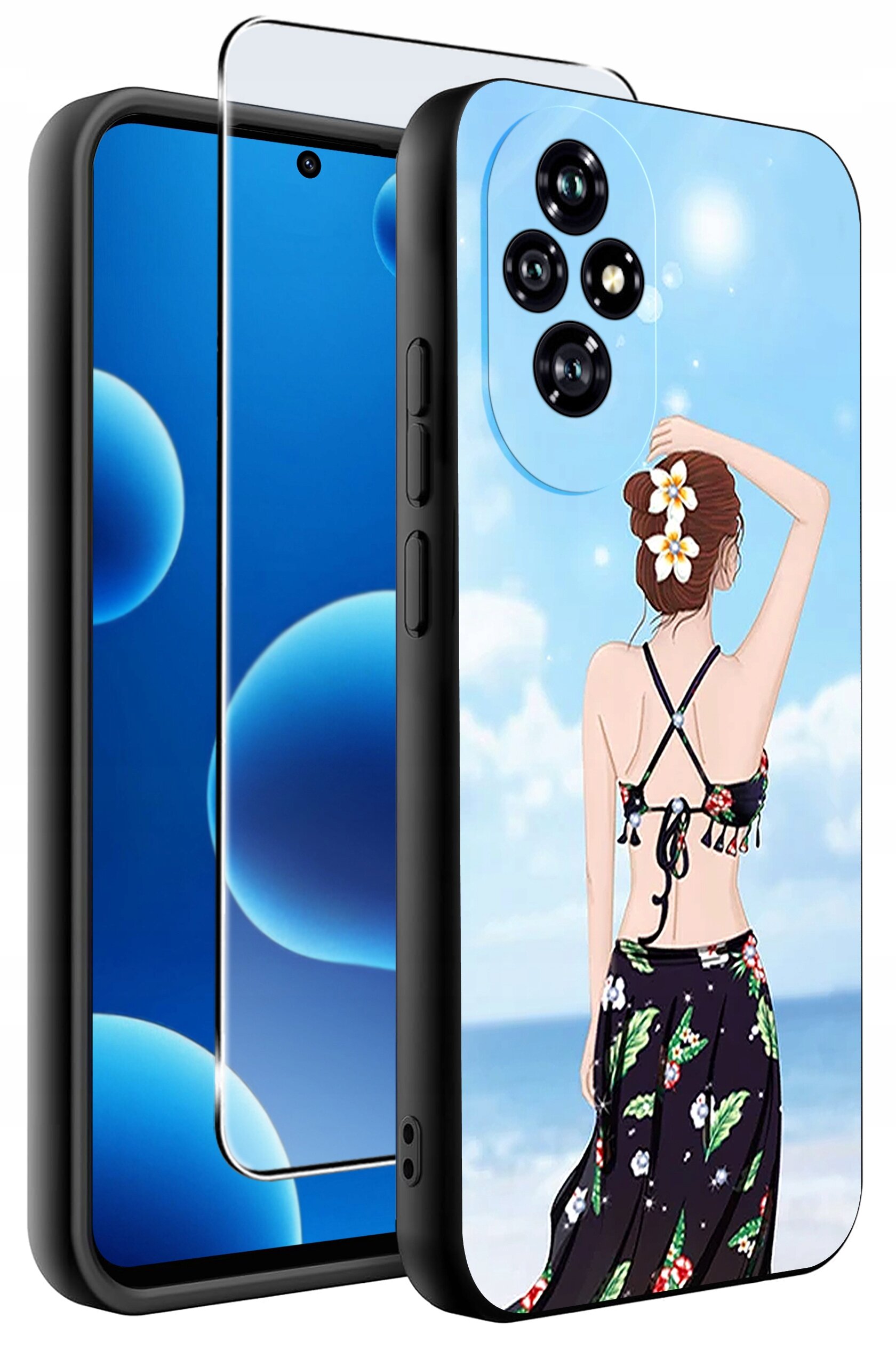 Etui na telefon z nadrukiem kobiety w stroju plażowym na tle nieba i morza, obok znajduje się szkło ochronne na ekran.