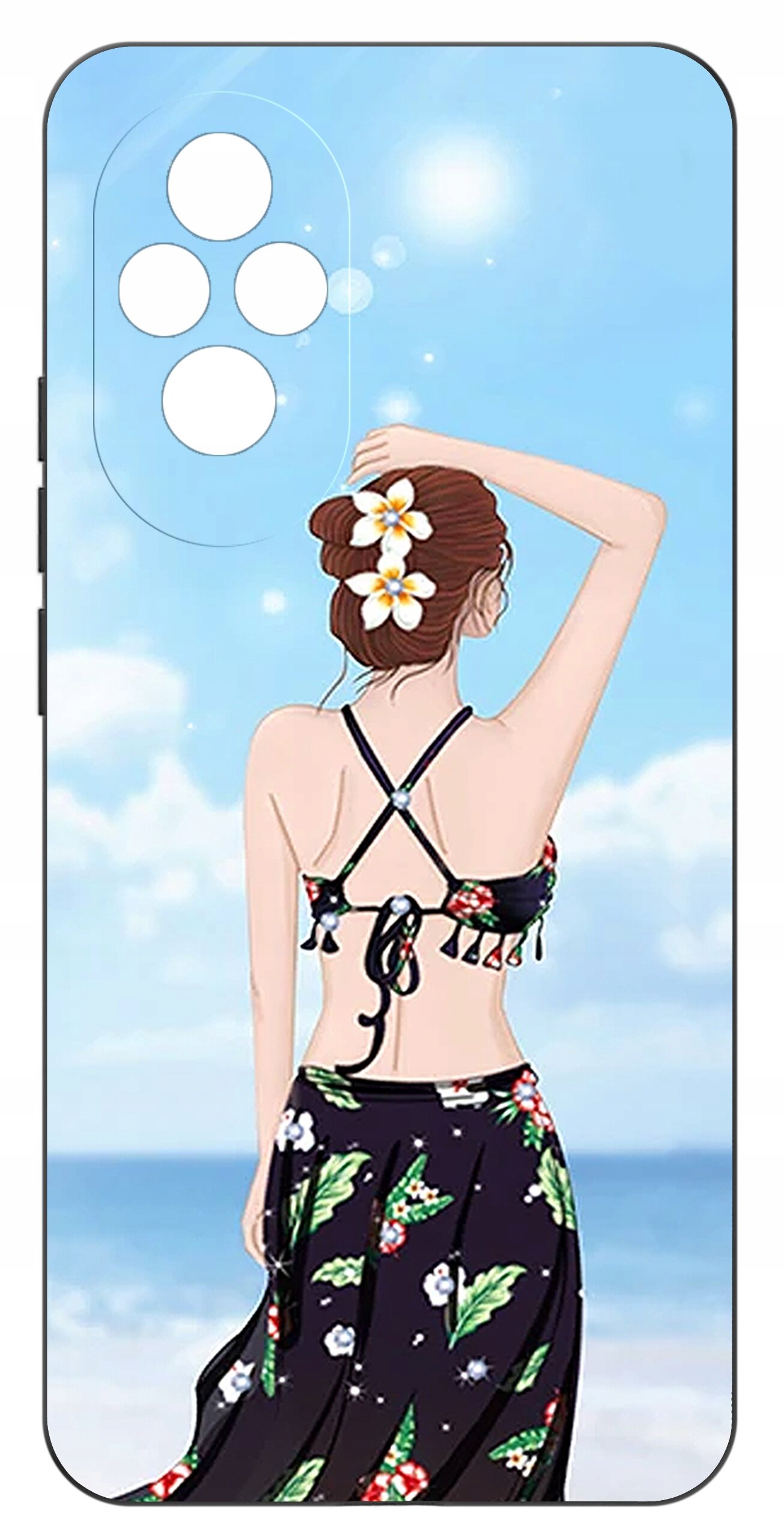 Etui na telefon z grafiką przedstawiającą osobę w stroju plażowym na tle nieba i morza. Wzór na etui zawiera motywy kwiatowe.
