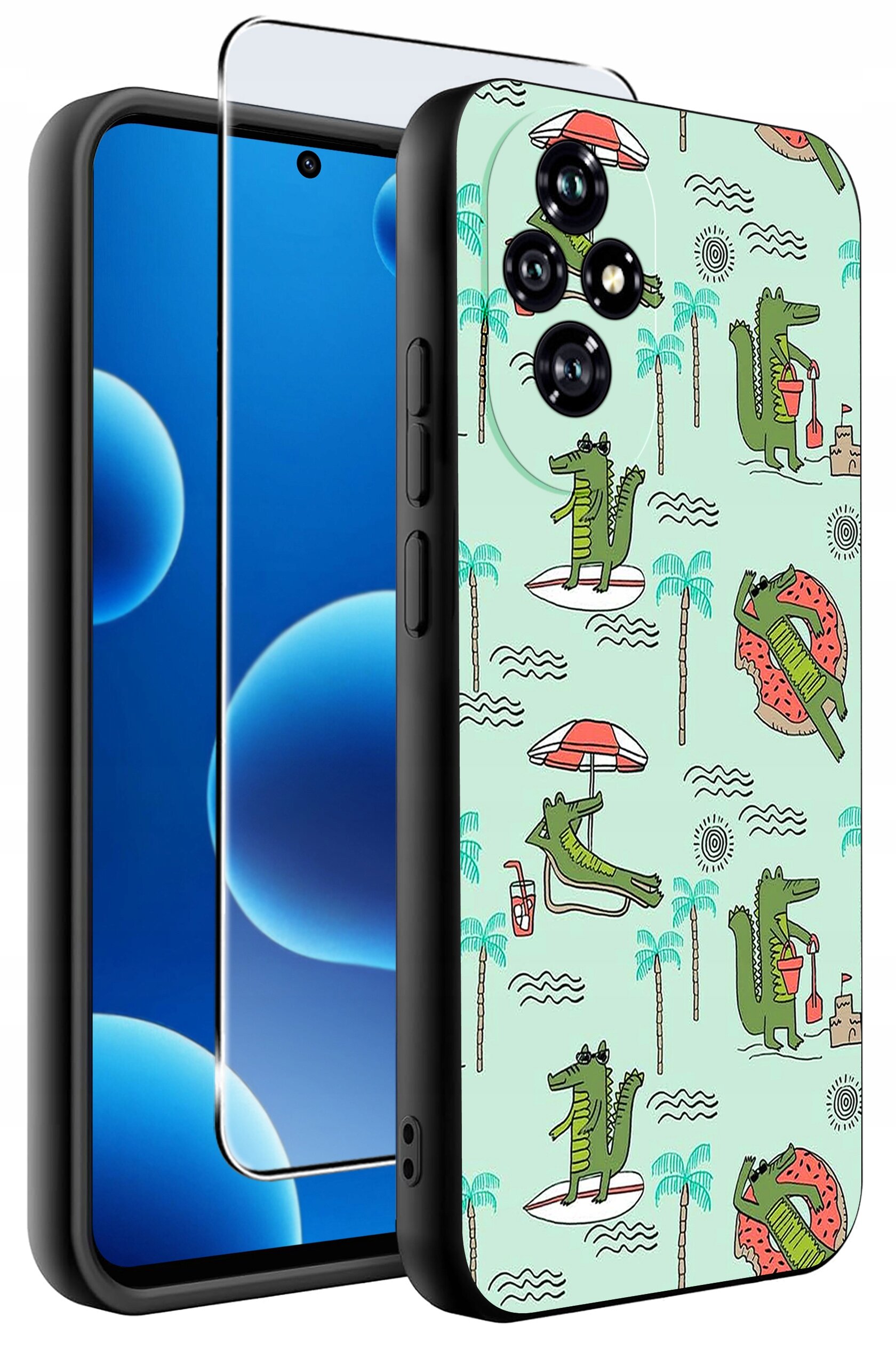 Etui na telefon z kolorowym wzorem przedstawiającym krokodyle na plaży, palmy i parasole. Obok etui znajduje się szkło ochronne na ekran.