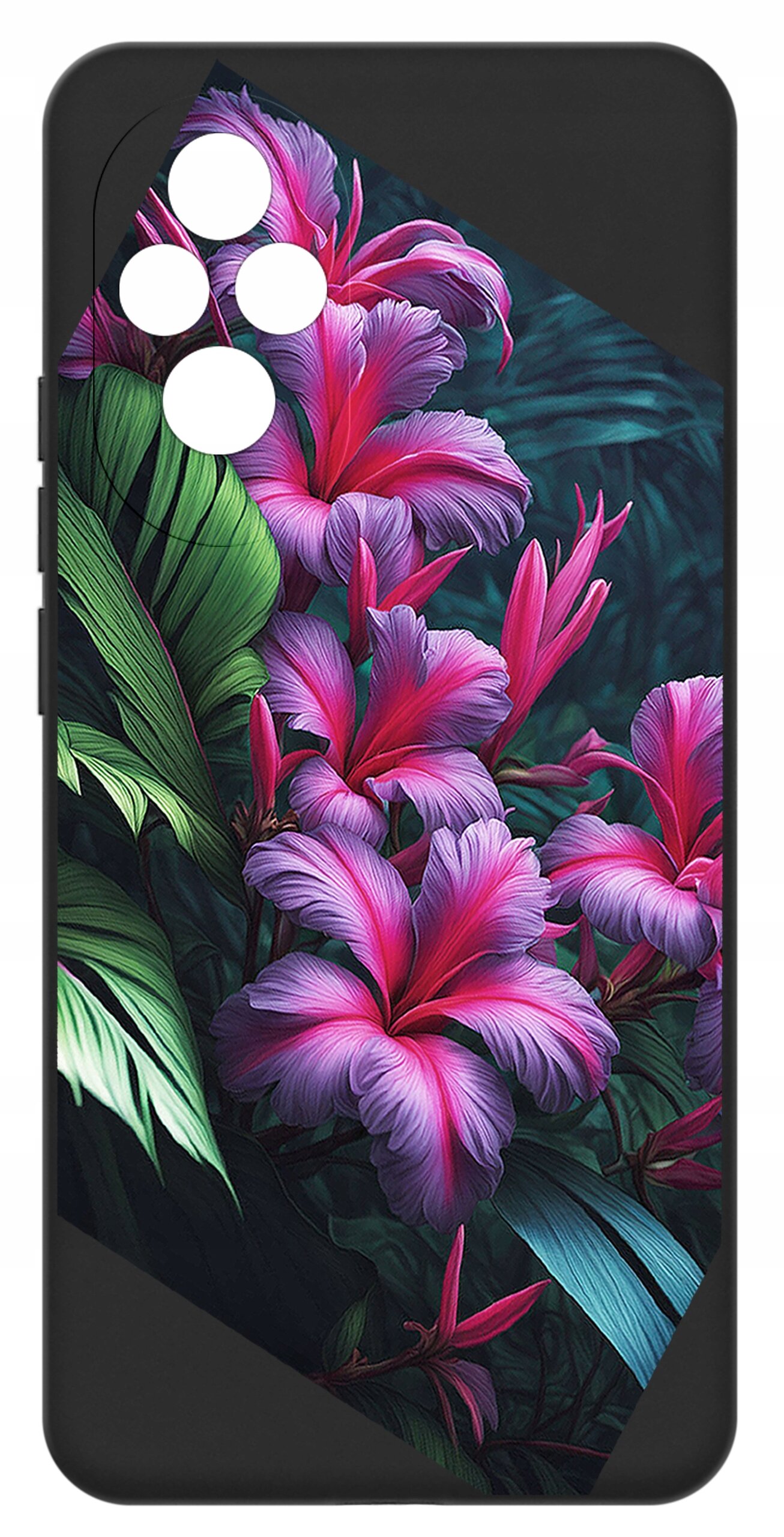 Etui na telefon z kolorowym wzorem przedstawiającym różowe kwiaty i zielone liście na ciemnym tle. W lewym górnym rogu znajdują się cztery okrągłe otwory na aparat.