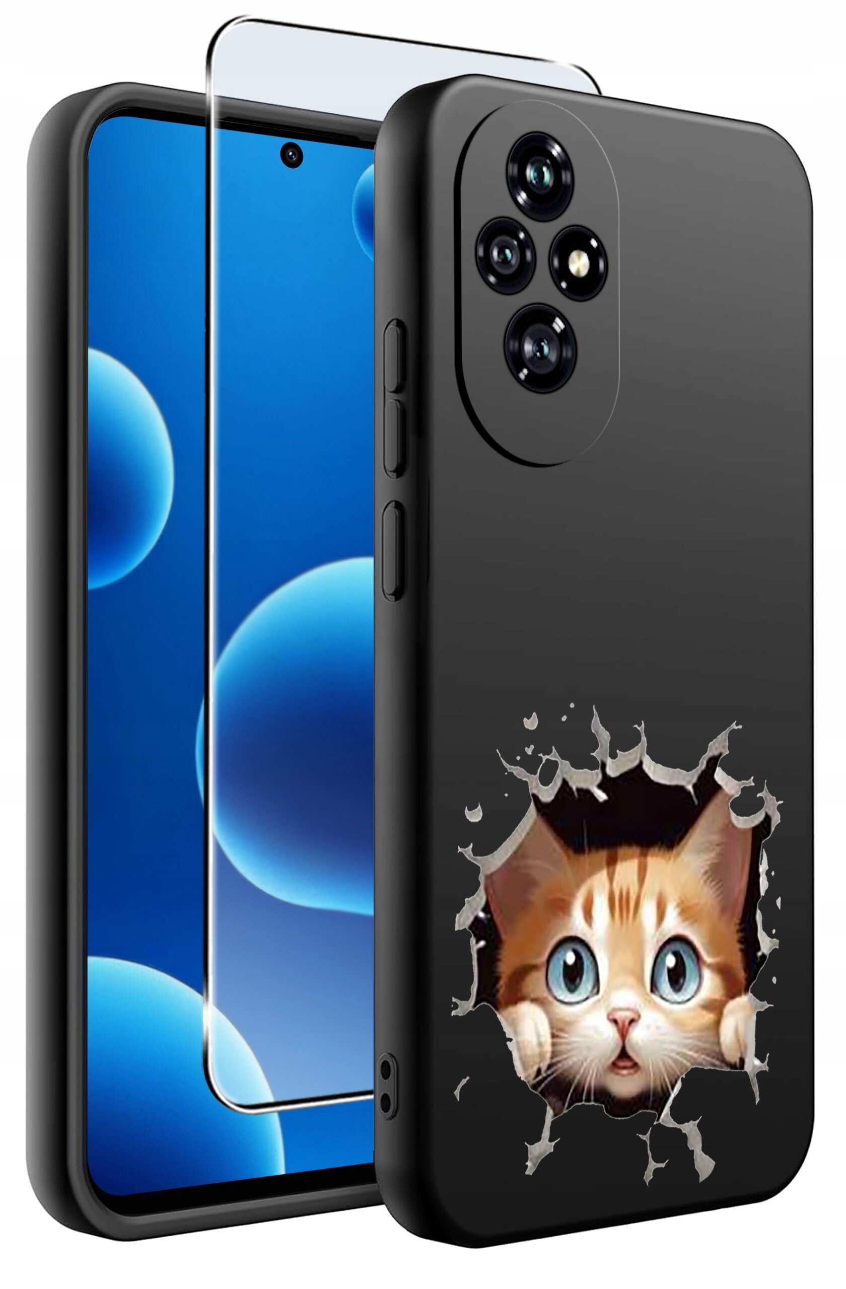 Na obrazie widoczne jest czarne etui na telefon z nadrukiem kota wyglądającego przez dziurę. Obok etui znajduje się telefon z nałożonym szkłem ochronnym.