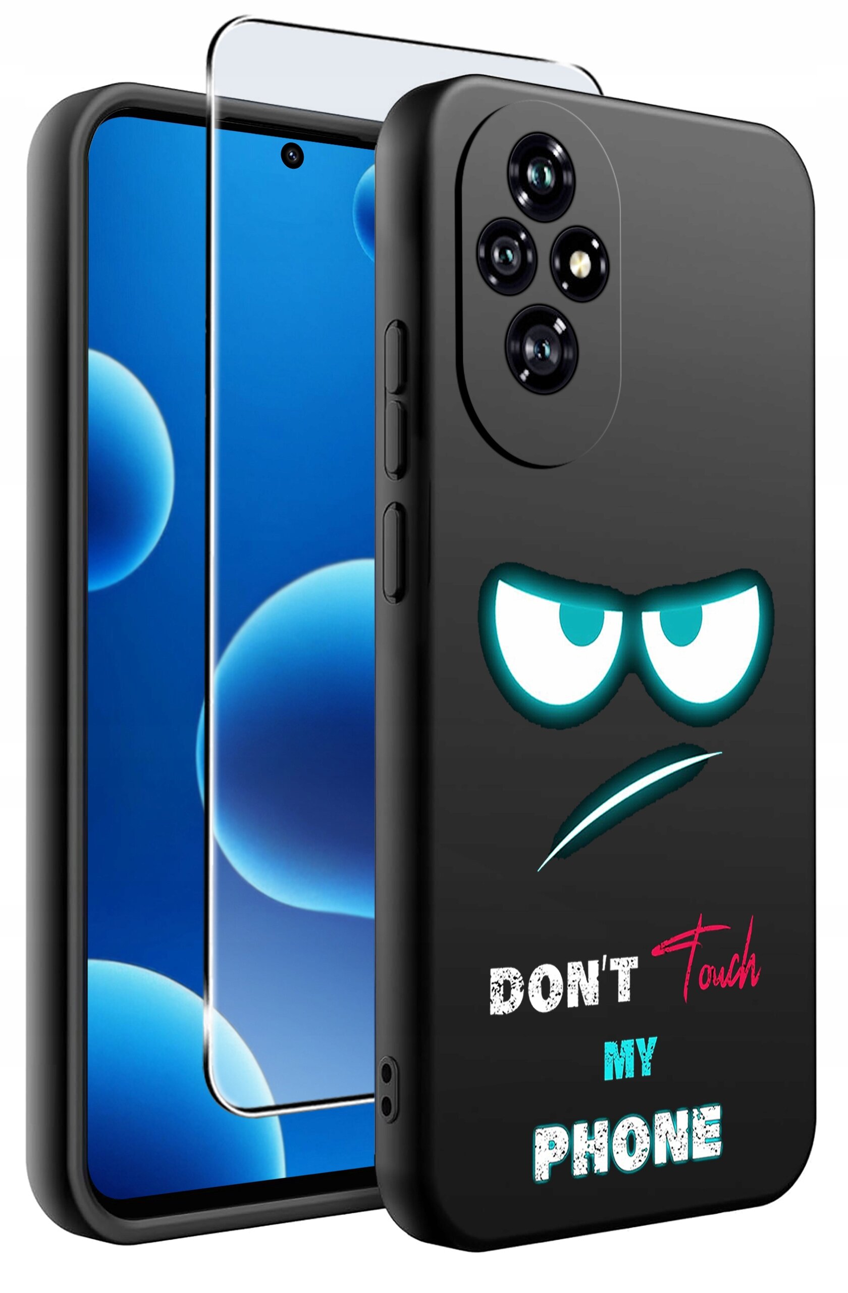 Obraz przedstawia czarne etui na telefon z nadrukiem przedstawiającym zarys oczu i ust oraz napisem \'DON\'T Touch MY PHONE\'. Obok etui widoczny jest telefon z wyświetlaczem pokazującym niebieskie bąbelki oraz nałożoną ochroną ekranu.