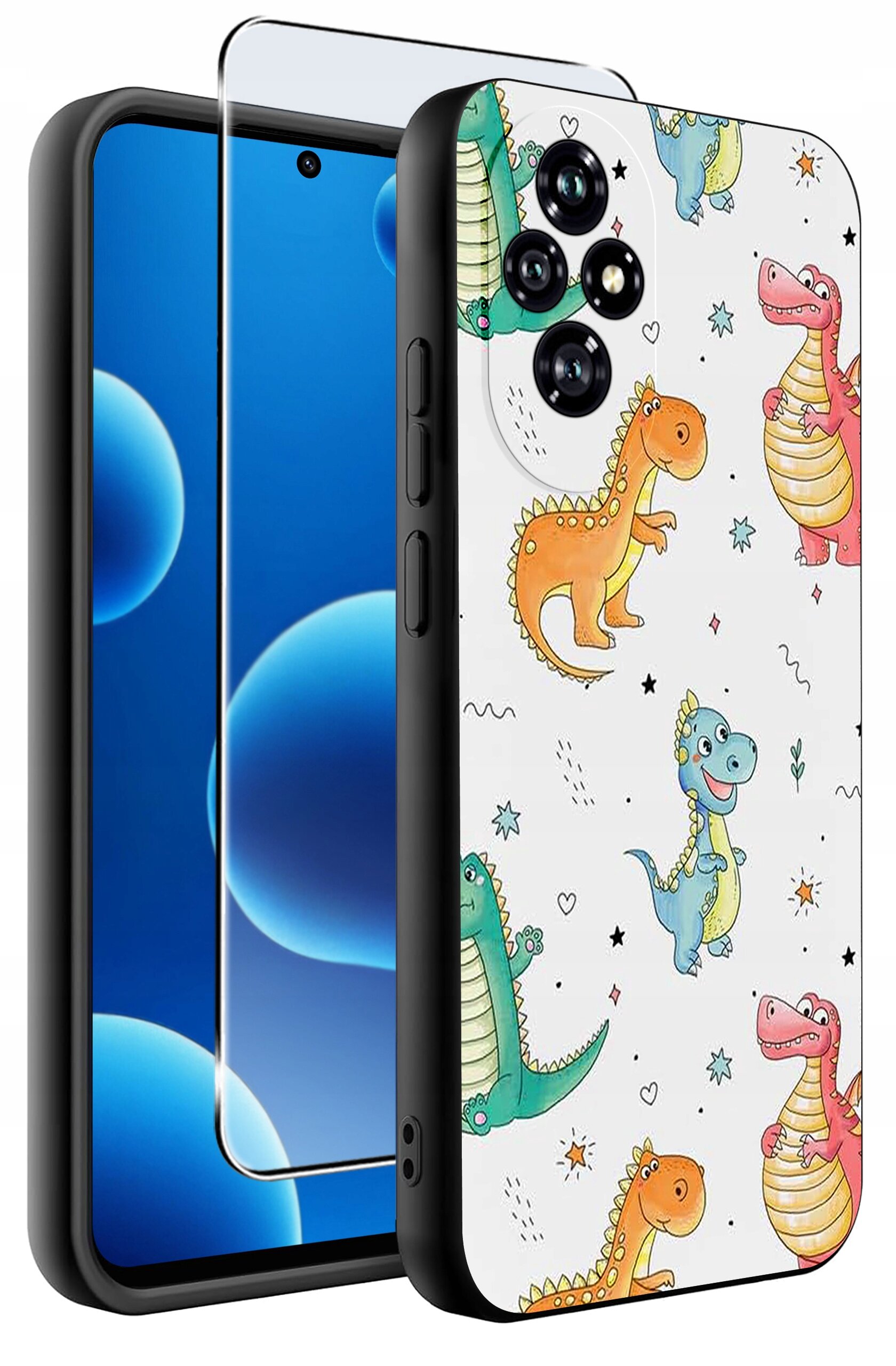 Etui na telefon z kolorowymi wzorami dinozaurów oraz przezroczyste szkło ochronne. Etui ma wycięcia na aparat i przyciski boczne.