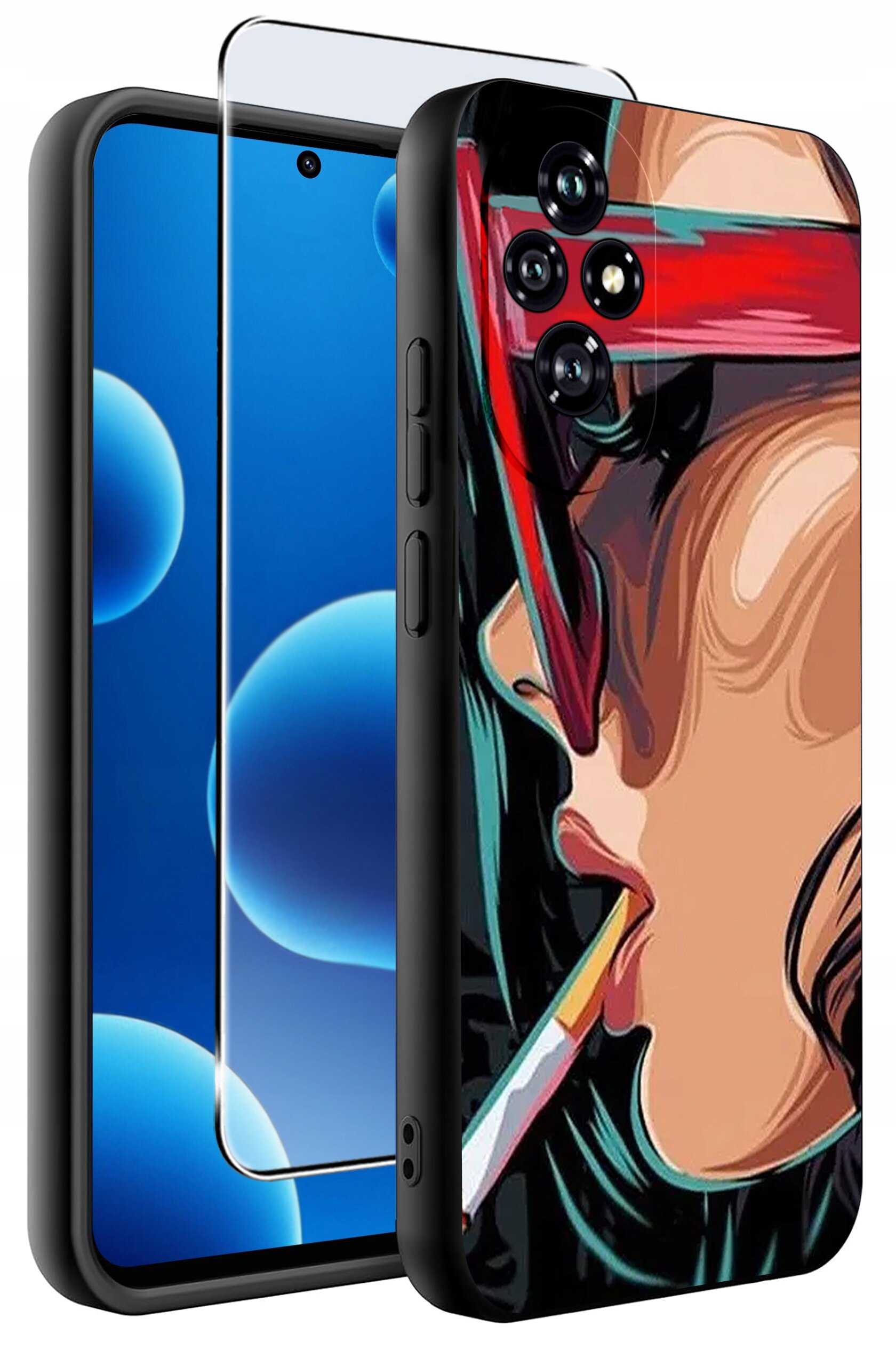 Obraz przedstawia silikonowe etui na telefon z kolorowym wzorem przedstawiającym twarz osoby w okularach i z papierosem. Obok etui znajduje się szkło ochronne na ekran telefonu.