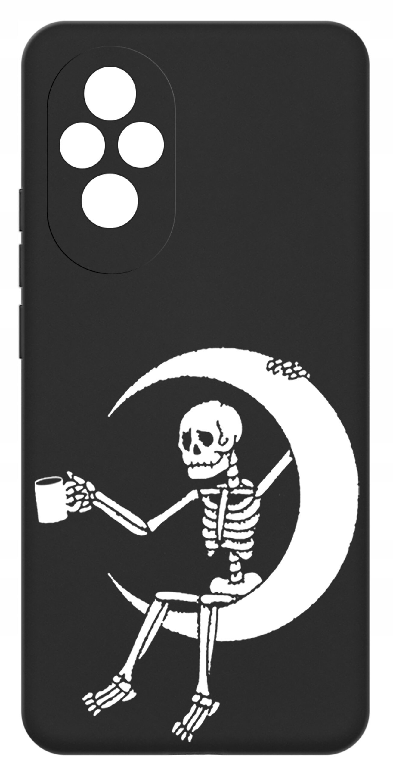 Czarne etui na telefon z nadrukiem białego szkieletu siedzącego na księżycu, trzymającego kubek. Etui posiada wycięcia na cztery obiektywy aparatu.
