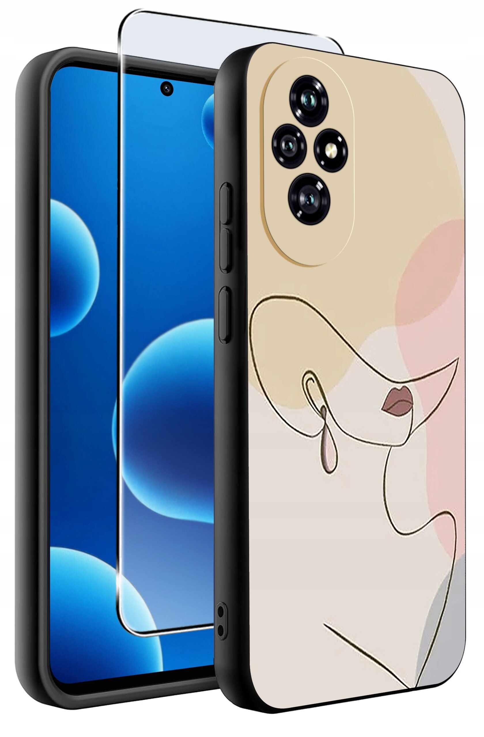 Obraz przedstawia silikonowe etui na telefon z abstrakcyjnym wzorem twarzy oraz szkło ochronne 9H. Etui ma czarne krawędzie i otwory na aparat oraz przyciski.
