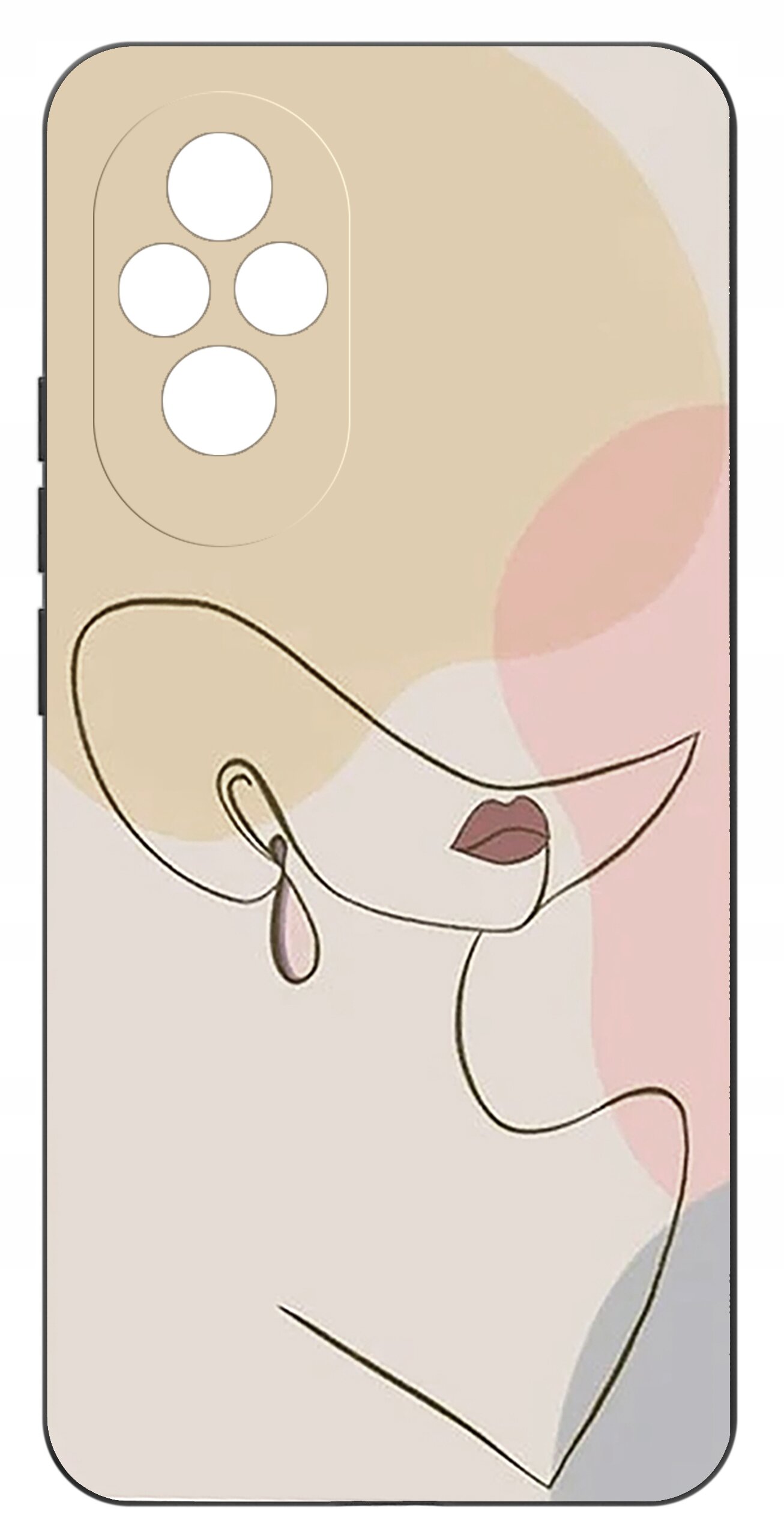 Etui na telefon z abstrakcyjnym wzorem przedstawiającym twarz w minimalistycznym stylu, z kolorowymi plamami w tle.