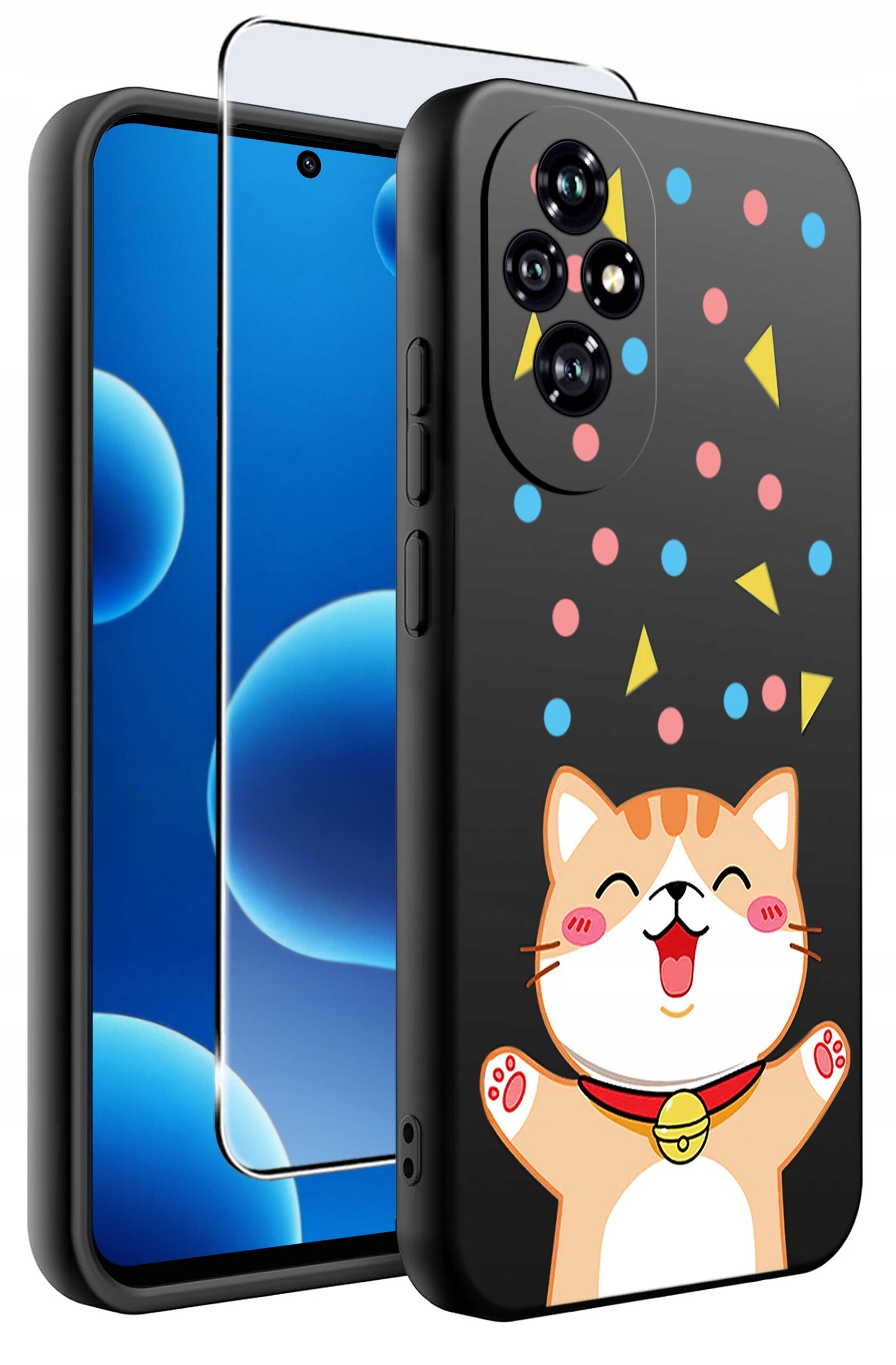 Etui na telefon z kolorowym wzorem kota i geometrycznymi kształtami oraz szkło ochronne na ekran. Etui jest czarne z rysunkiem uśmiechniętego kota w dolnej części.