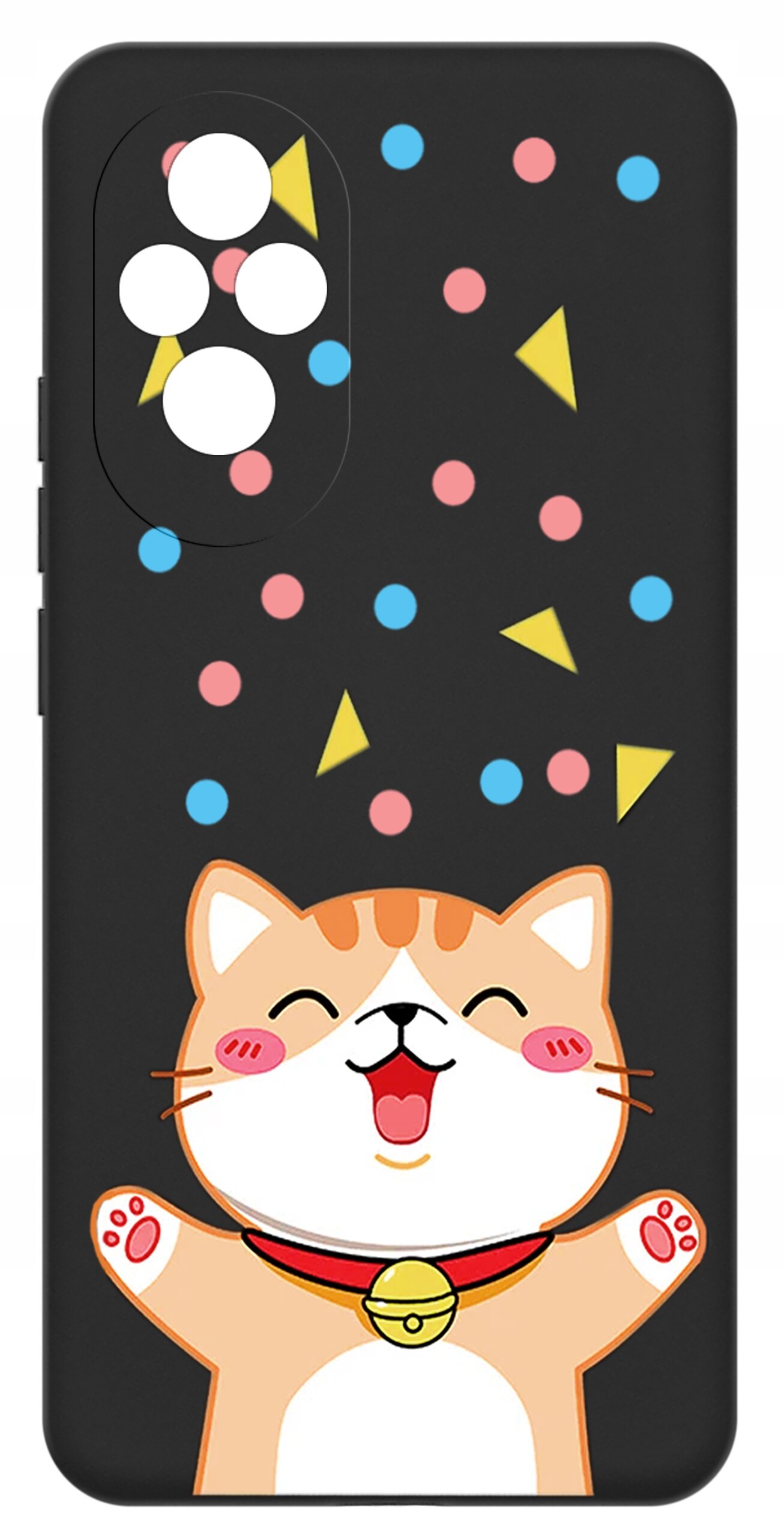 Czarne etui z rysunkiem uśmiechniętego kota z dzwoneczkiem na szyi, otoczonego kolorowymi kropkami i trójkątami.
