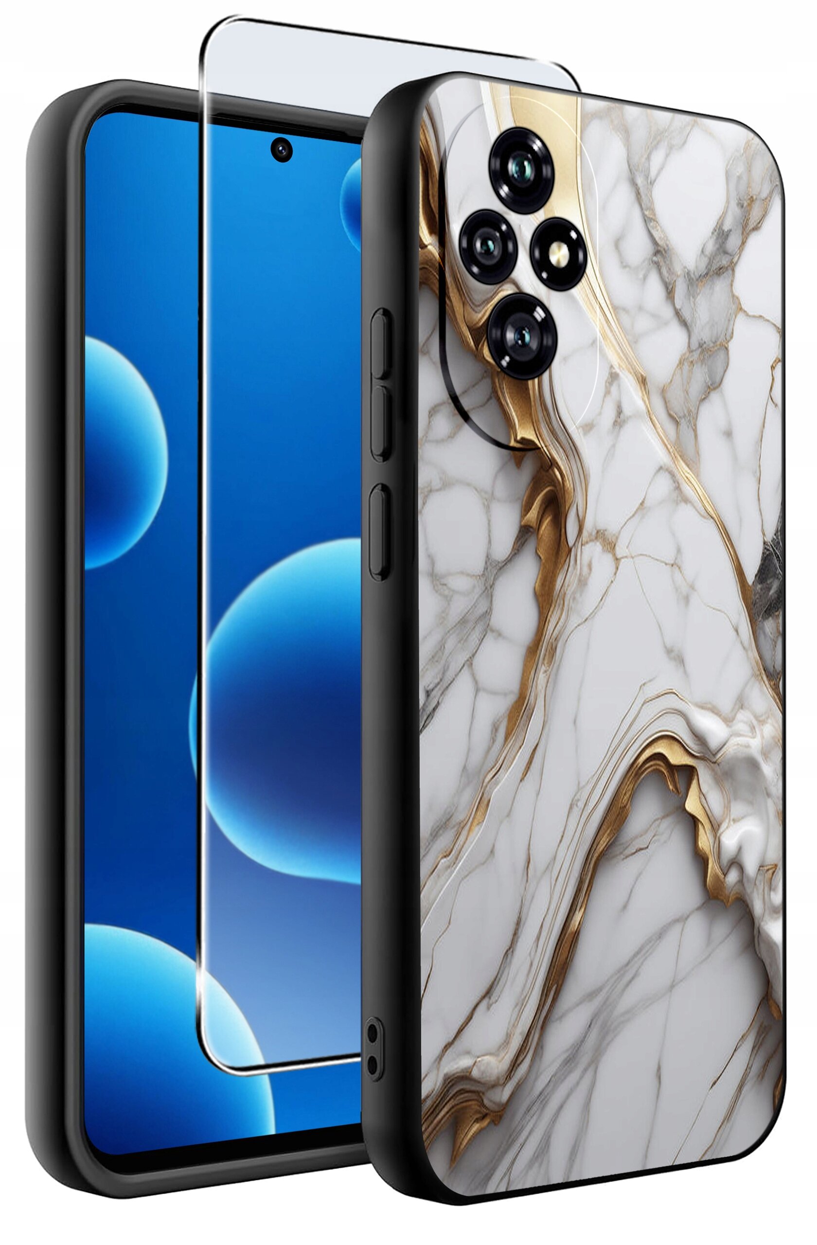 Obraz przedstawia etui na telefon z marmurowym wzorem w odcieniach bieli i złota oraz przezroczystą osłonę ekranu. Etui jest przeznaczone dla modeli Xiaomi Redmi Note 12 5G i Poco X5 5G.