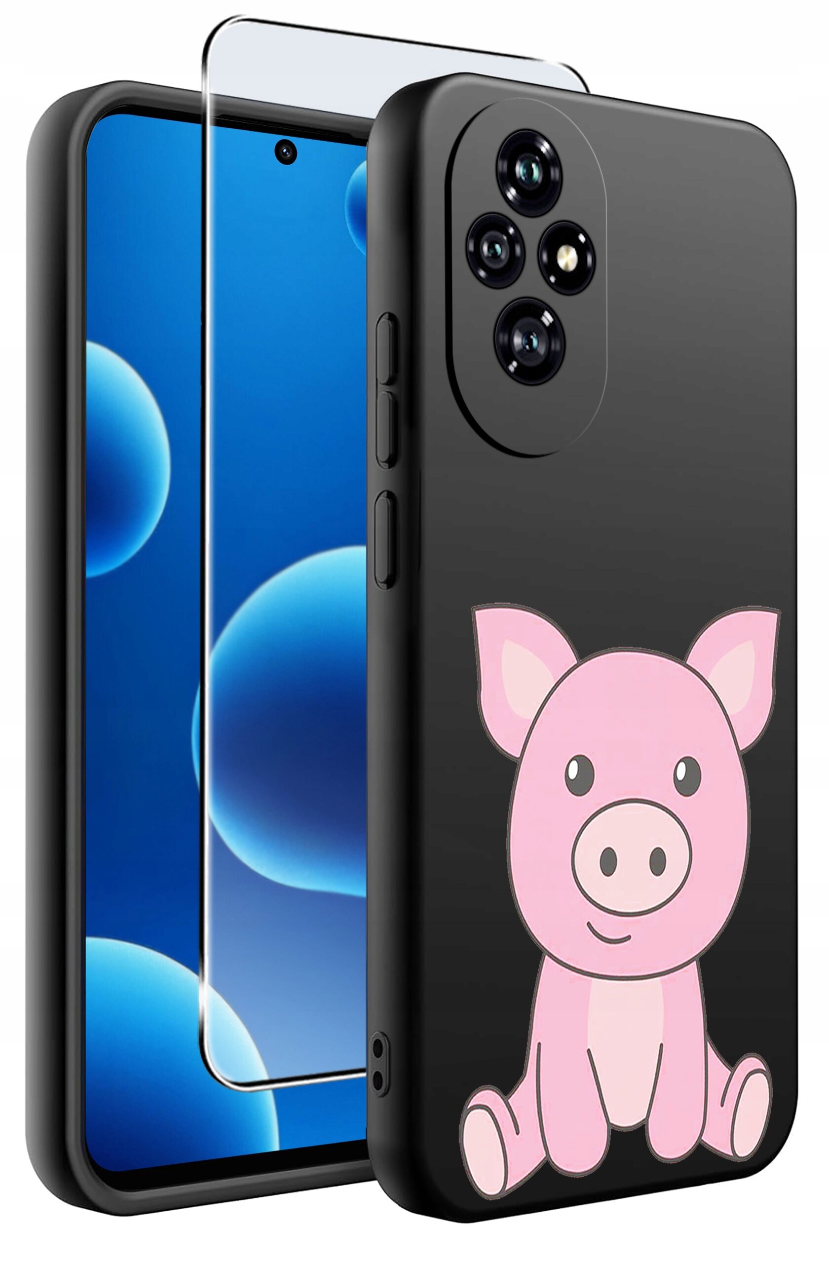 Obraz przedstawia czarne etui na telefon z rysunkiem różowej świnki na tylnej części. Obok etui znajduje się przezroczysta osłona ekranu.
