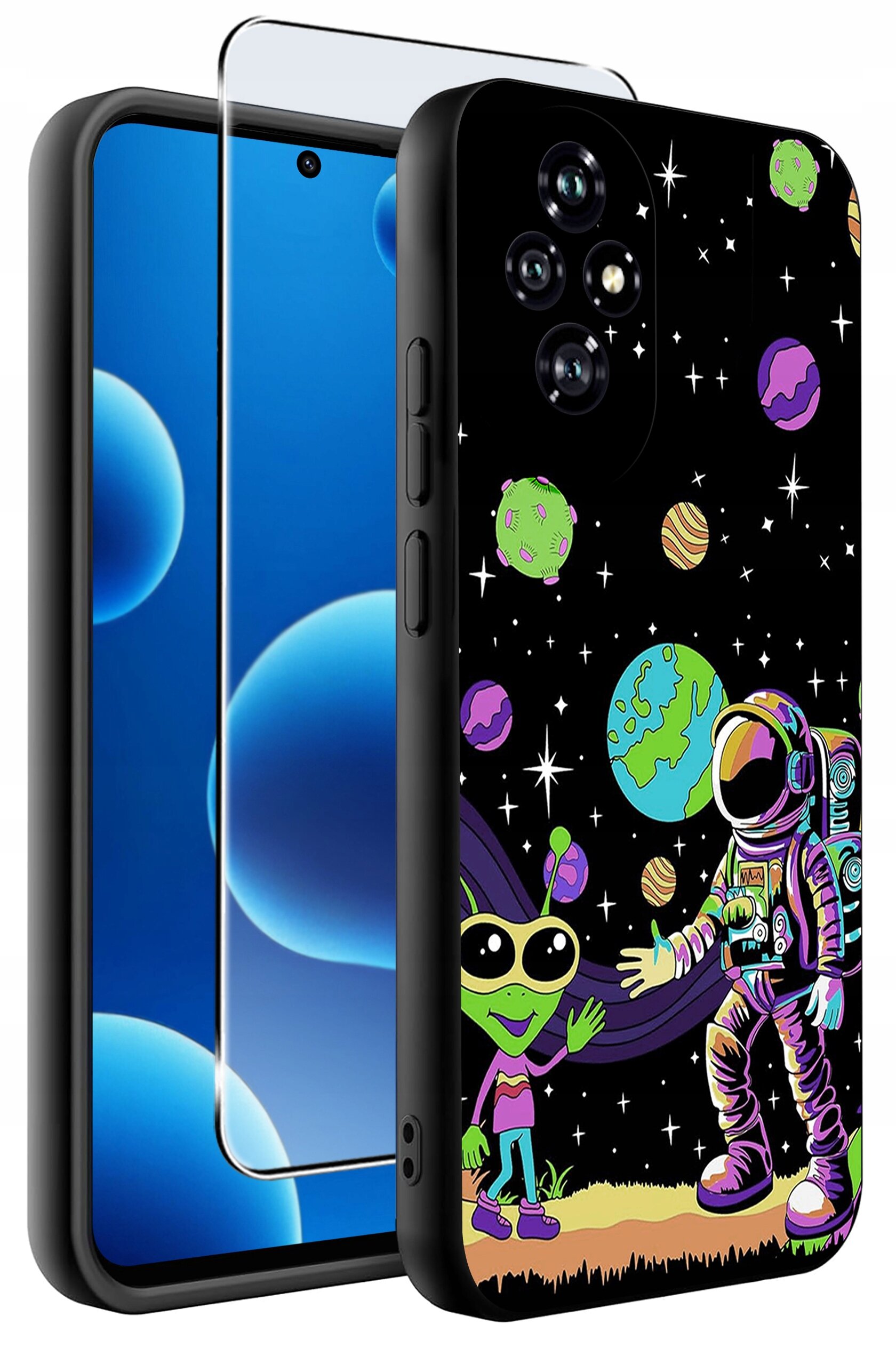 Etui na telefon z kolorowym wzorem przedstawiającym astronautę i zielonego kosmitę na tle kosmosu z planetami. W zestawie znajduje się również szkło ochronne na ekran.