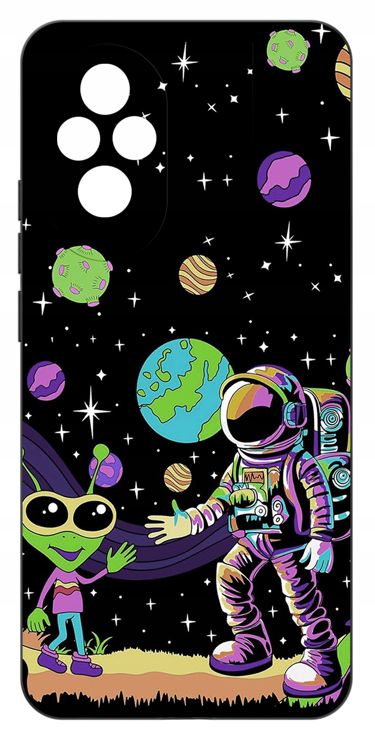 Etui na telefon z kolorowym wzorem przedstawiającym astronautę i zielonego kosmitę na tle kosmosu z planetami i gwiazdami.