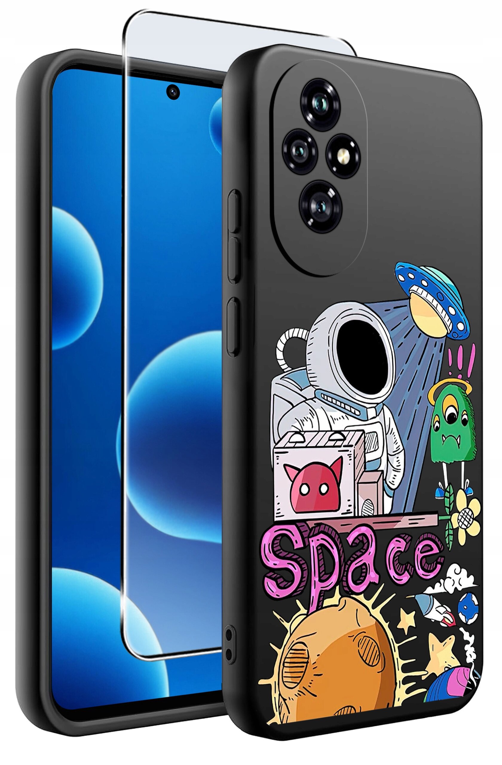 Etui na telefon z kolorowym nadrukiem przedstawiającym astronautę, UFO i napisem \'Space\'. W zestawie znajduje się również szkło ochronne na ekran.