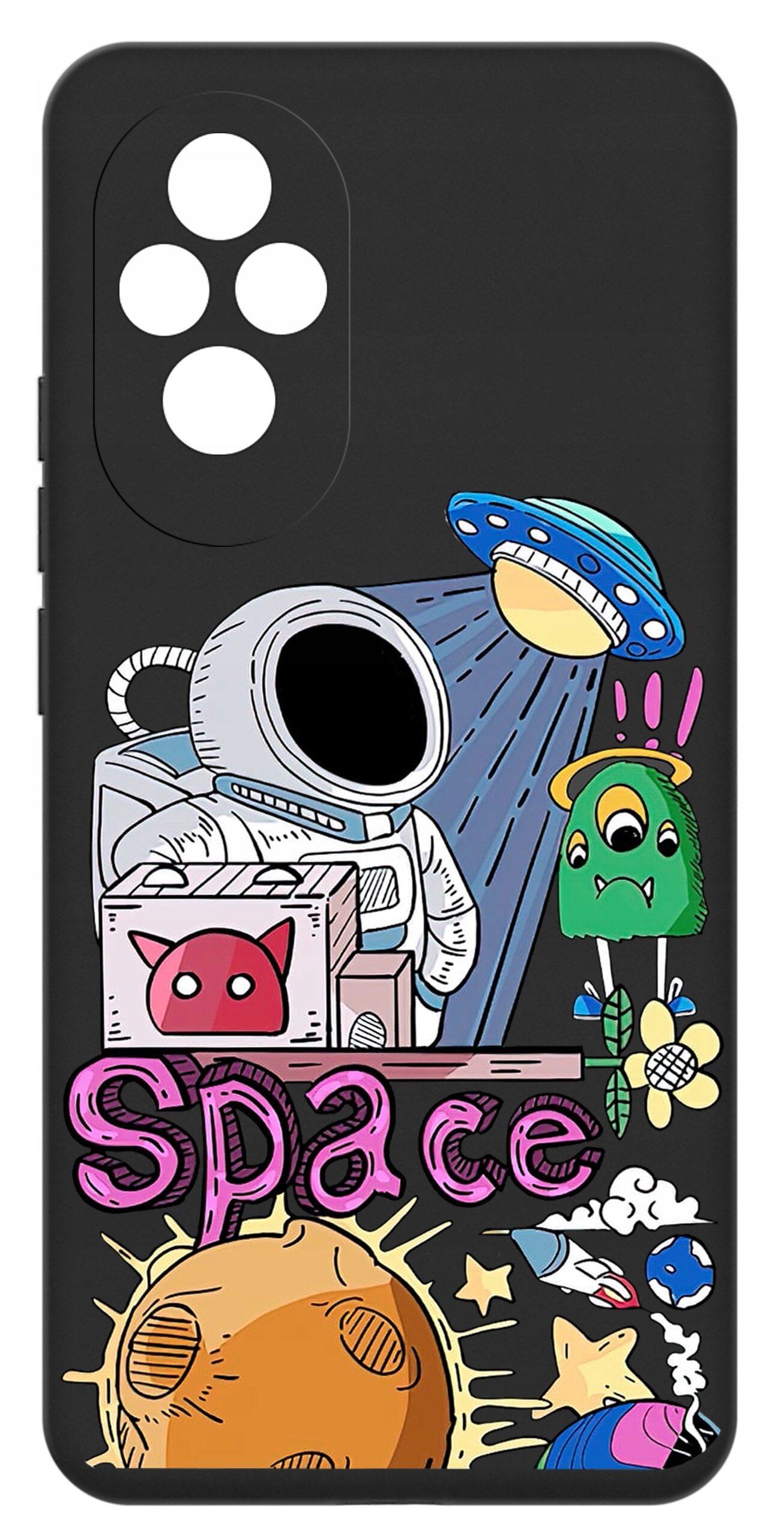 Czarne etui z kolorowym nadrukiem przedstawiającym astronautę, UFO, zielonego potwora i napis \'Space\'.