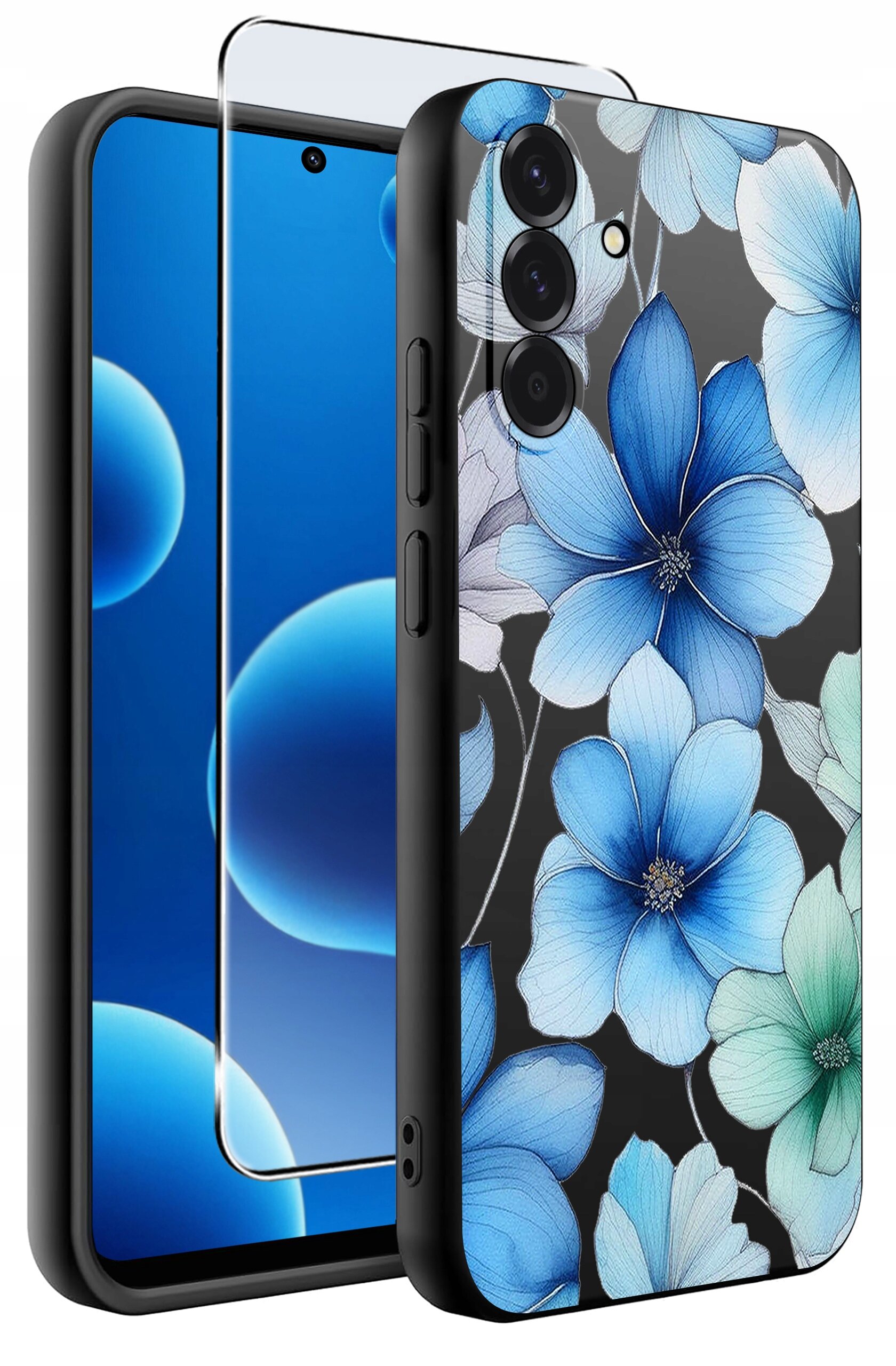 Obraz przedstawia silikonowe etui na telefon z wzorem niebieskich i zielonych kwiatów oraz szkło ochronne. Etui jest przeznaczone do modelu Samsung A56 5G.