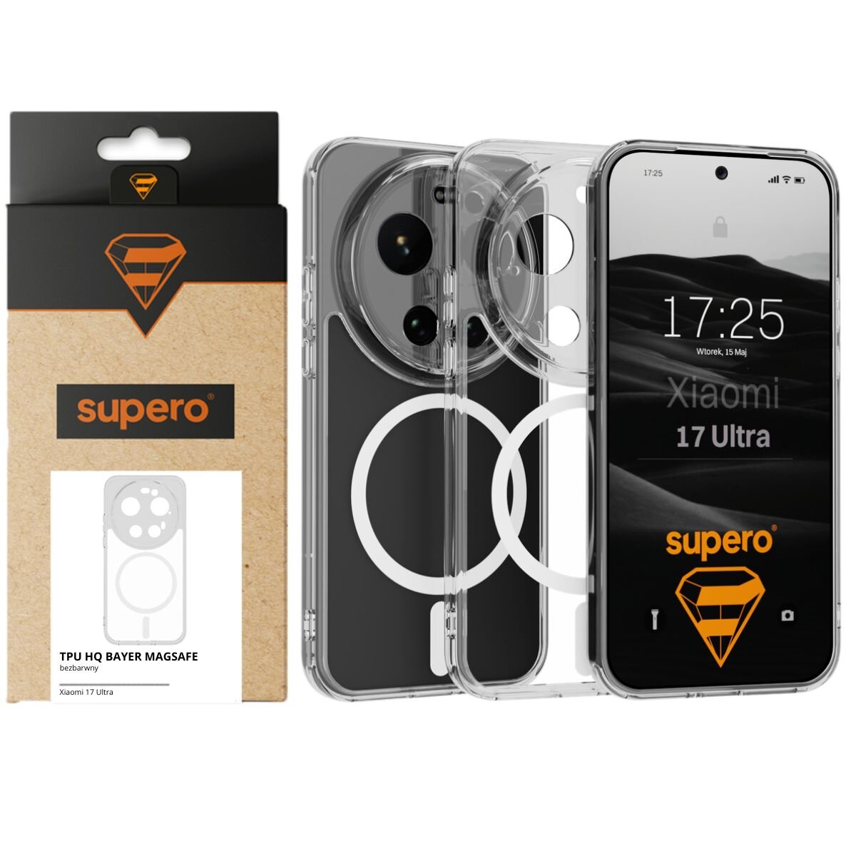 Obraz przedstawia przezroczyste etui na telefon z widocznym okrągłym wzorem, obok którego znajduje się opakowanie z logo \'supero\'. Na ekranie telefonu widoczny jest napis \'Xiaomi 17 Ultra\' oraz godzina 17:25.