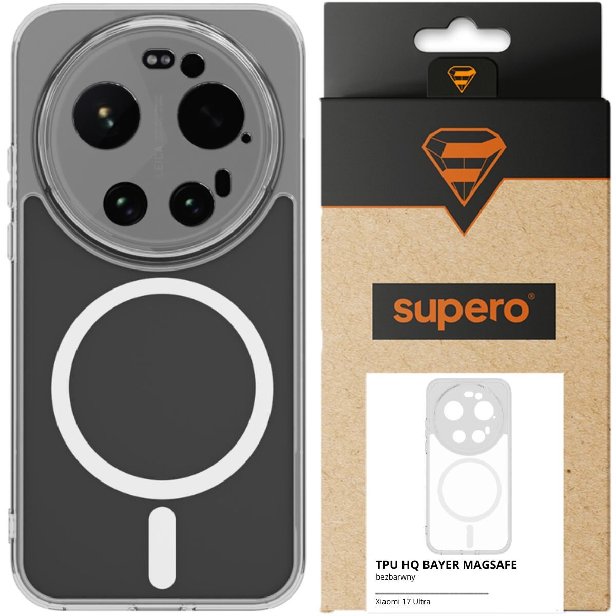 Na obrazie widoczne jest etui do telefonu z dużym okrągłym wycięciem na aparat oraz opakowanie z logo \'supero\'. Na opakowaniu znajduje się napis: \'TPU HQ BAYER MAGSAFE bezbarwny Xiaomi 17 Ultra\'.