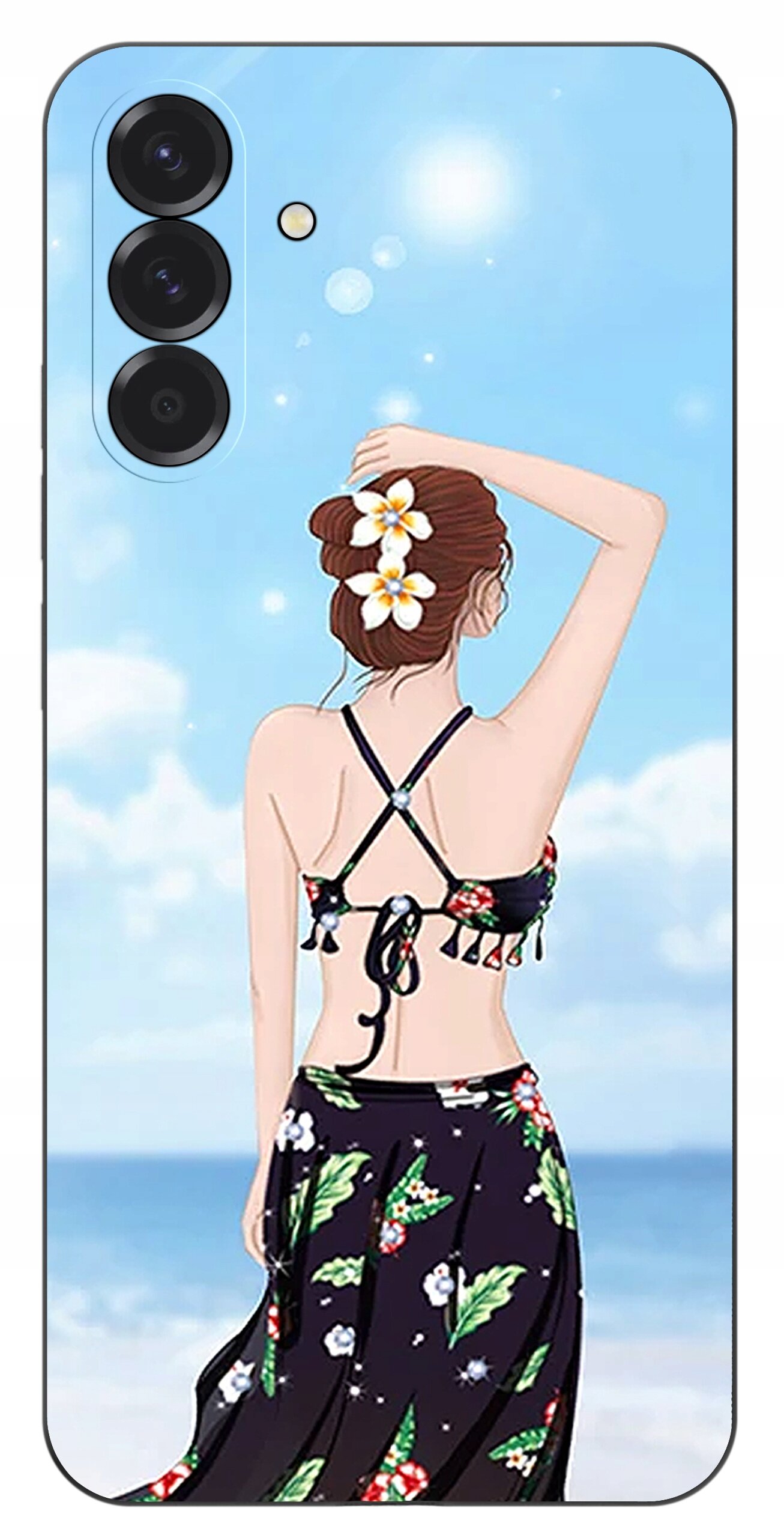 Etui na telefon z grafiką przedstawiającą kobietę w stroju kąpielowym na tle plaży i nieba. Kobieta ma kwiaty we włosach i patrzy w dal.