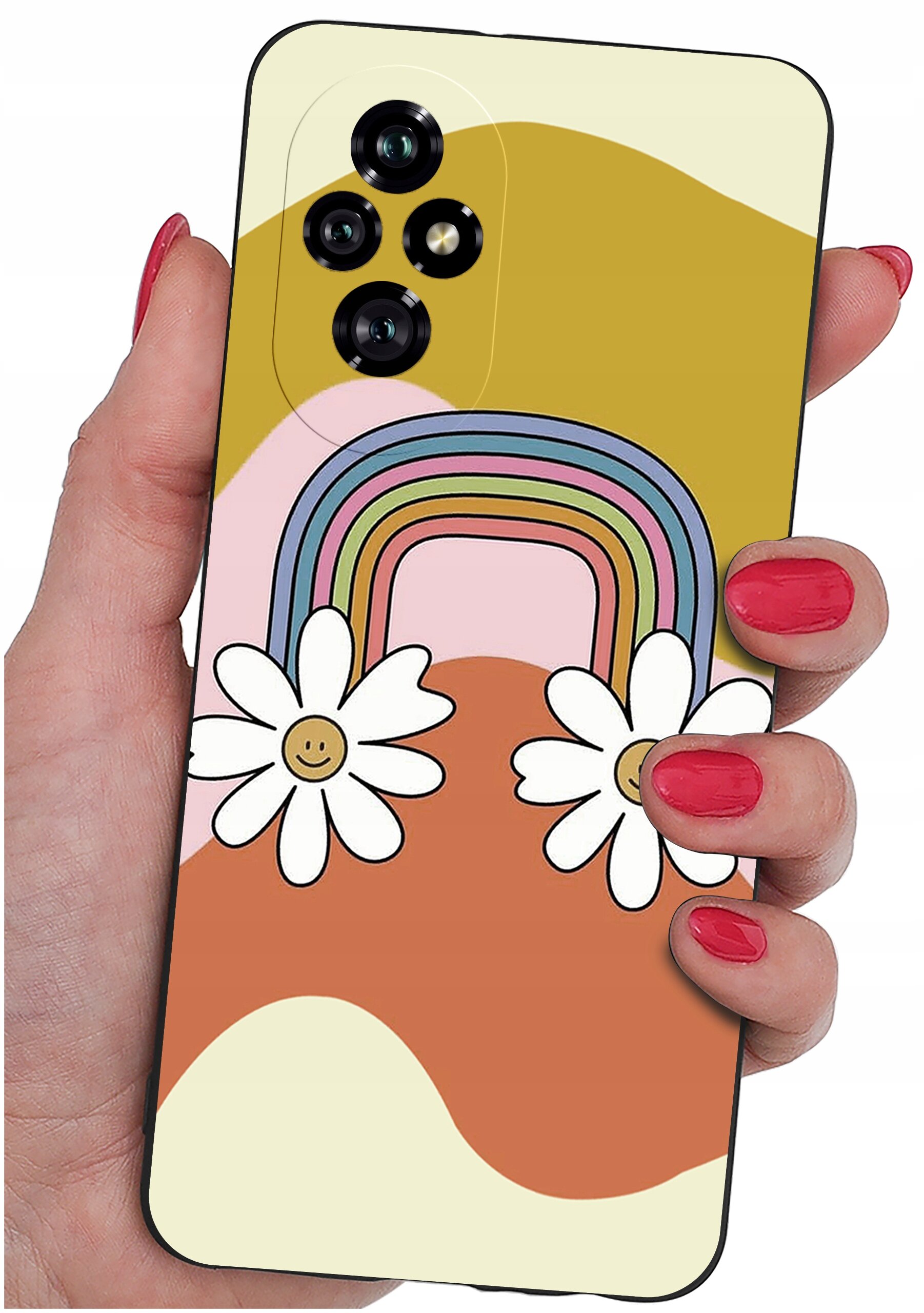 Etui na telefon z kolorowym wzorem tęczy i dwoma kwiatami z uśmiechniętymi buźkami. Etui jest trzymane w dłoni z pomalowanymi na czerwono paznokciami.