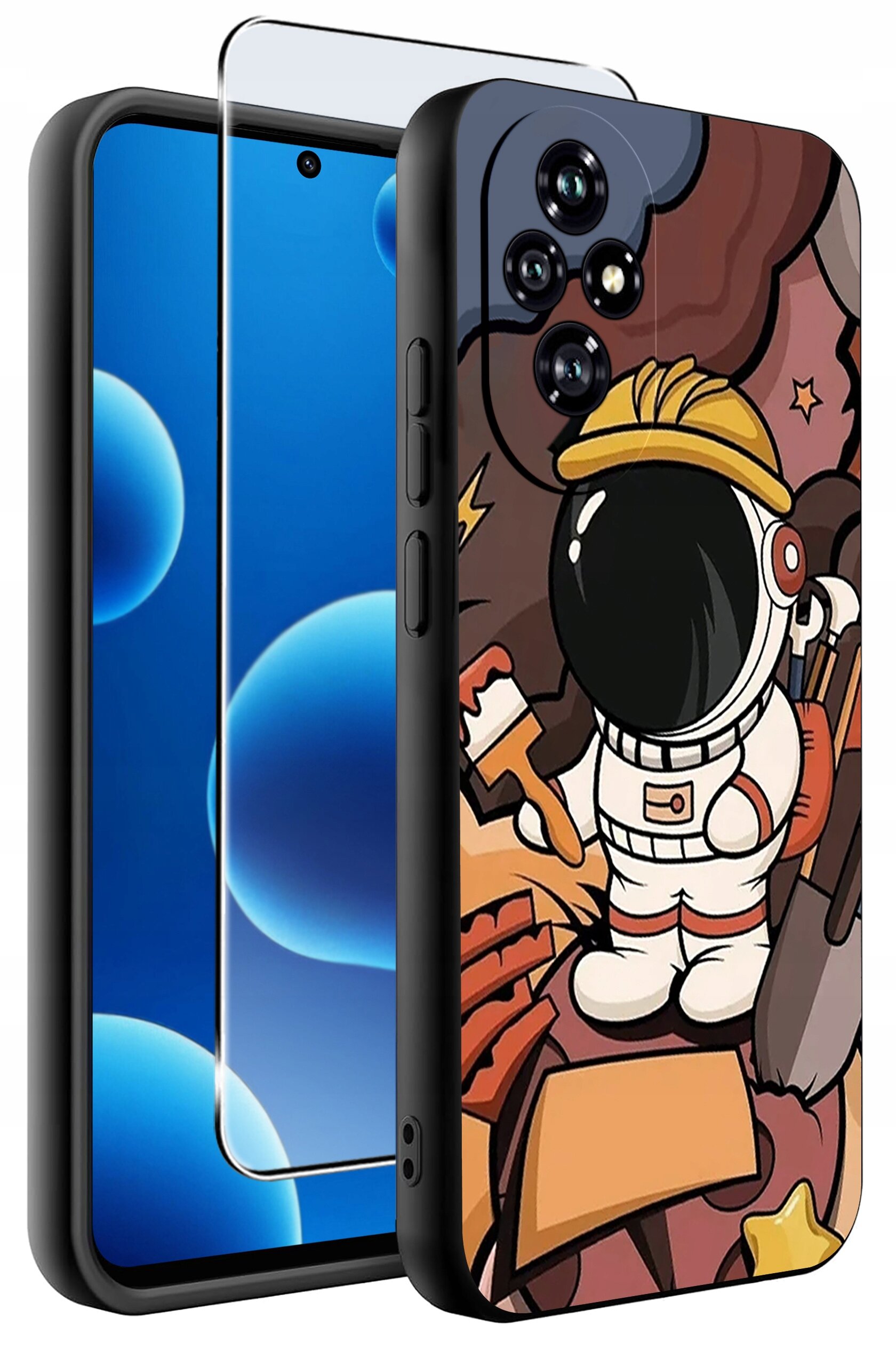 Etui na telefon z kolorowym wzorem przedstawiającym astronautę w kasku budowlanym, trzymającego narzędzia. Obok etui znajduje się przezroczyste szkło ochronne na ekran.