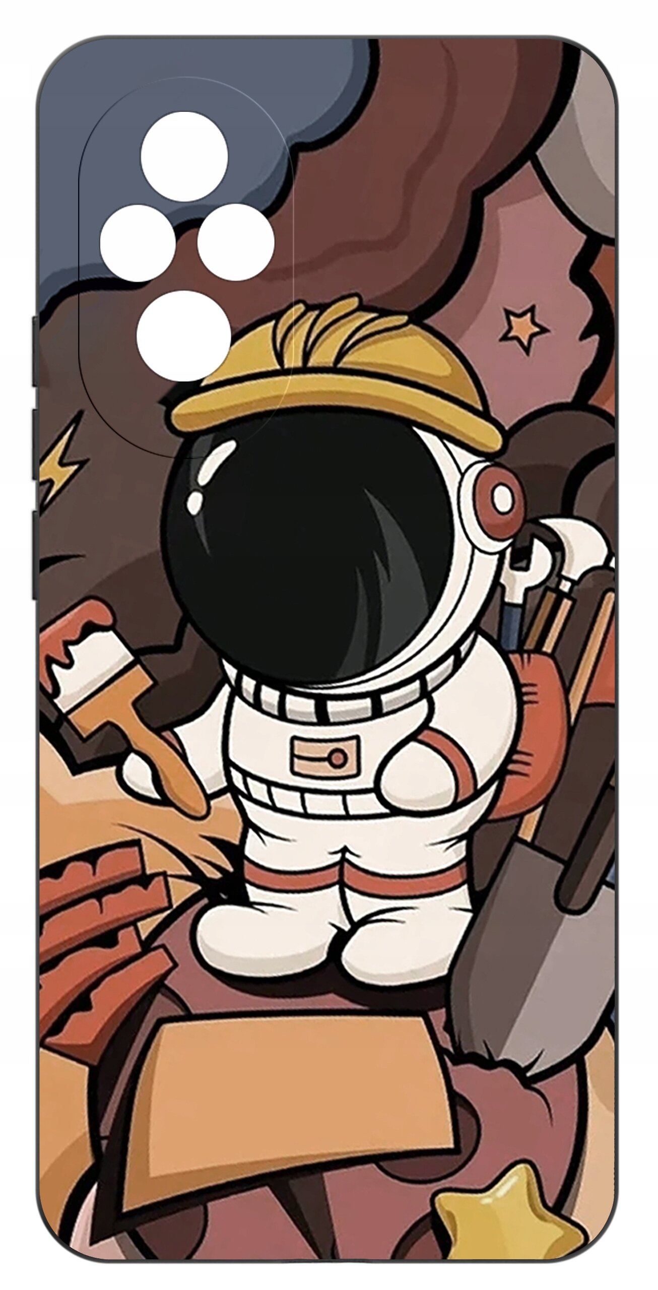 Etui z kolorowym wzorem przedstawiającym postać astronauty w kasku budowlanym, trzymającego pędzel. Tło jest w odcieniach brązu i beżu z elementami przypominającymi narzędzia i gwiazdy.