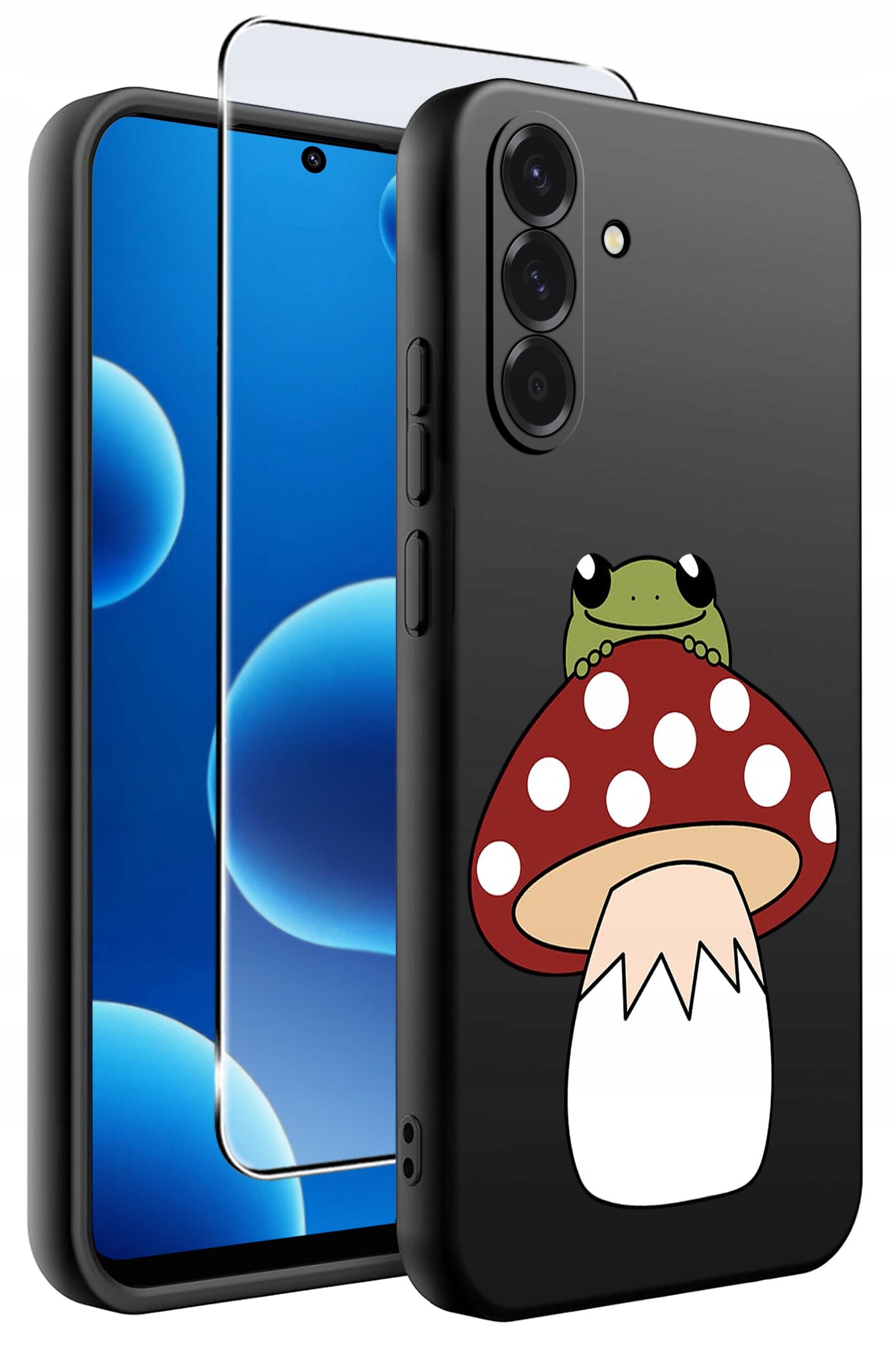 Na obrazie widoczne jest czarne etui na telefon z nadrukiem grzyba z czerwonym kapeluszem i białymi kropkami, na którym siedzi zielona żaba. Obok etui znajduje się przezroczyste szkło ochronne na ekran.