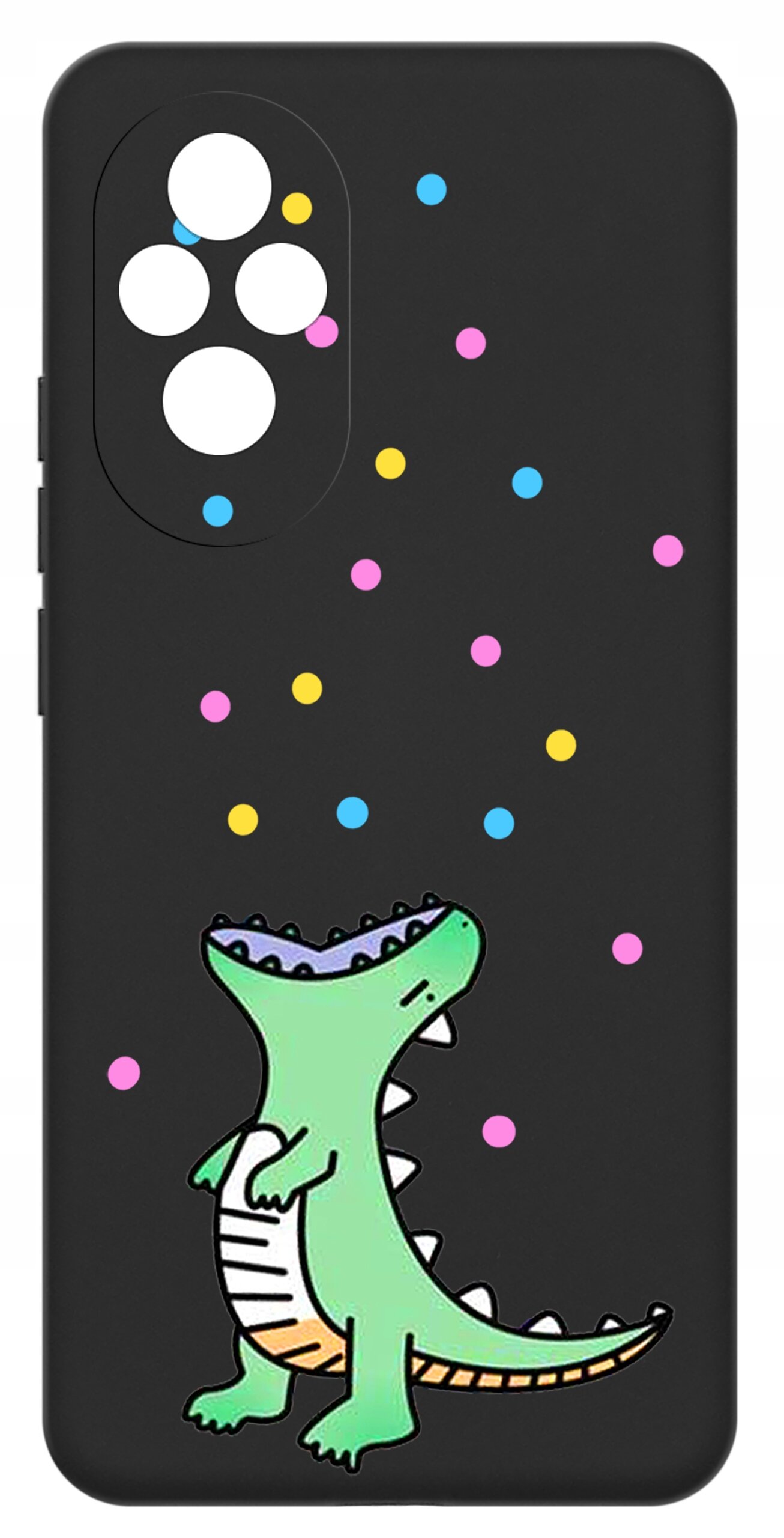 Czarne etui z kolorowym wzorem przedstawiającym zielonego dinozaura oraz rozrzucone kolorowe kropki. Etui posiada wycięcia na aparat z czterema okrągłymi otworami.