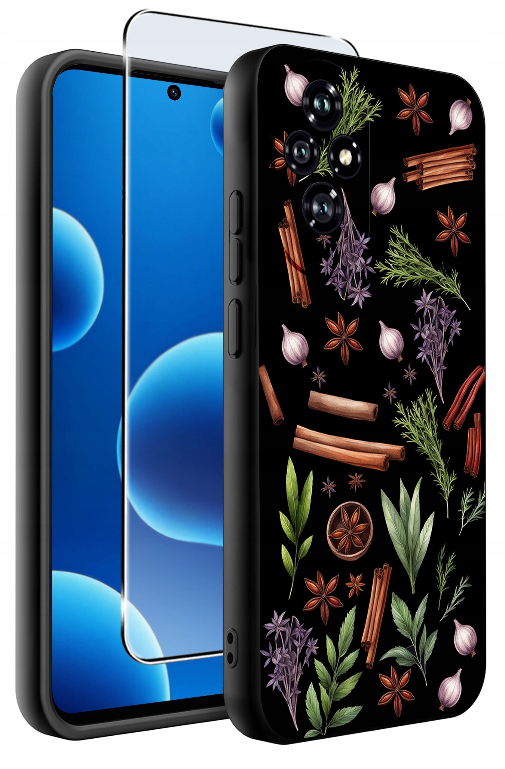 Obraz przedstawia telefon z nałożonym silikonowym etui o matowym wykończeniu, ozdobionym wzorami przypraw i ziół. Obok telefonu znajduje się szkło ochronne 9H.