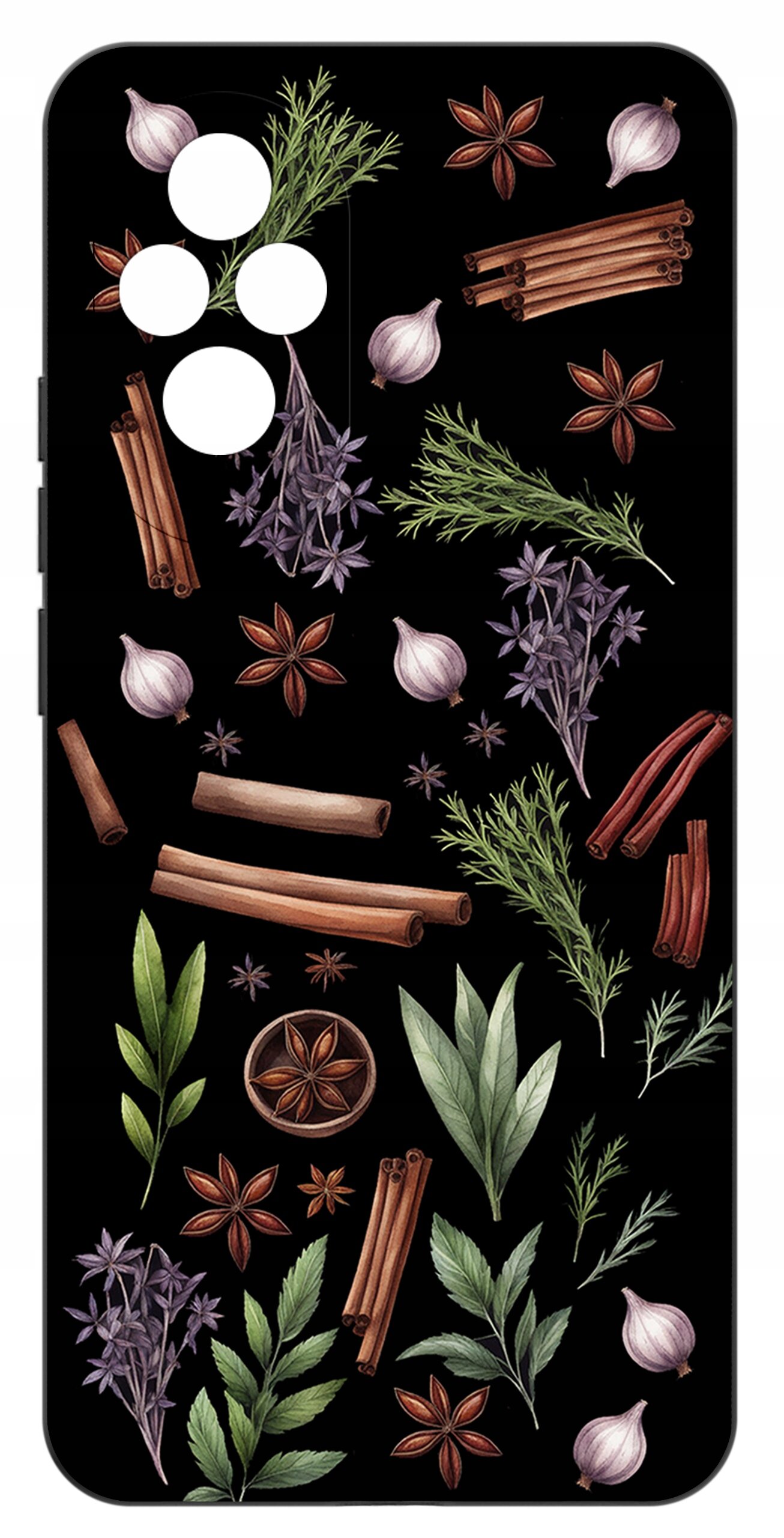 Etui na telefon z wzorem przedstawiającym różne przyprawy i zioła, takie jak laski cynamonu, anyż, czosnek i liście na czarnym tle. Etui ma wycięcia na aparat i przyciski boczne.