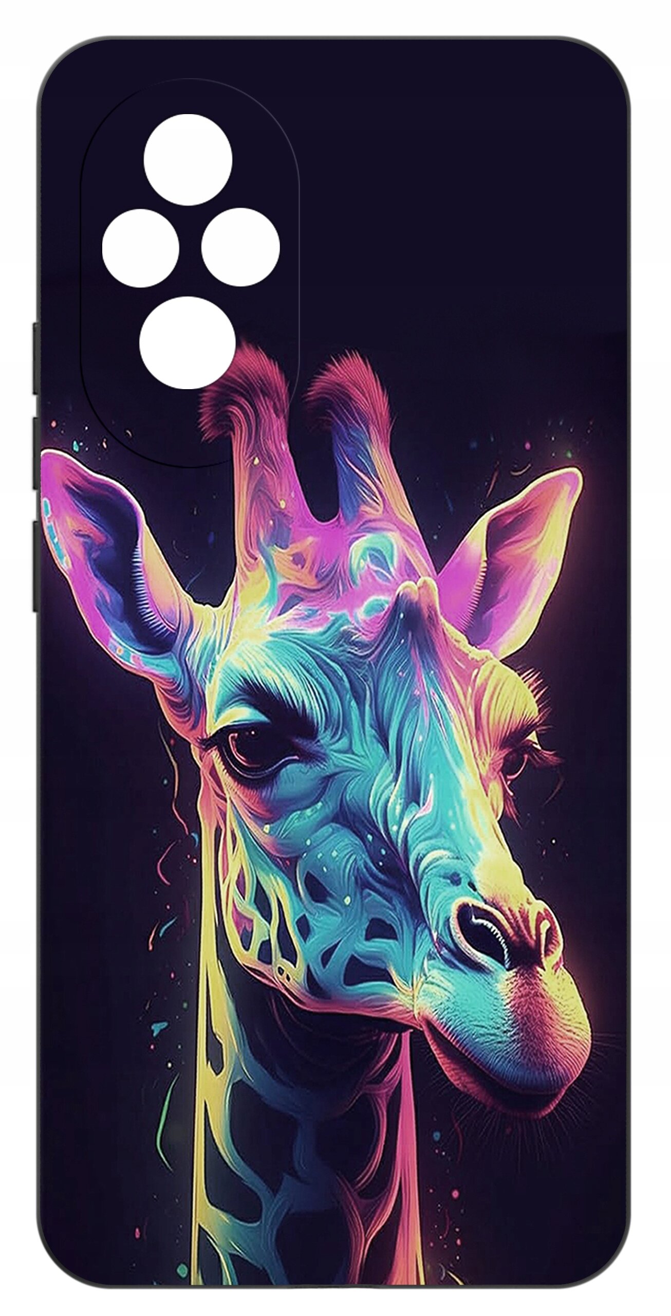 Etui na telefon z kolorowym, neonowym wzorem przedstawiającym głowę żyrafy na ciemnym tle. W lewym górnym rogu widoczne są cztery okrągłe otwory na aparat.