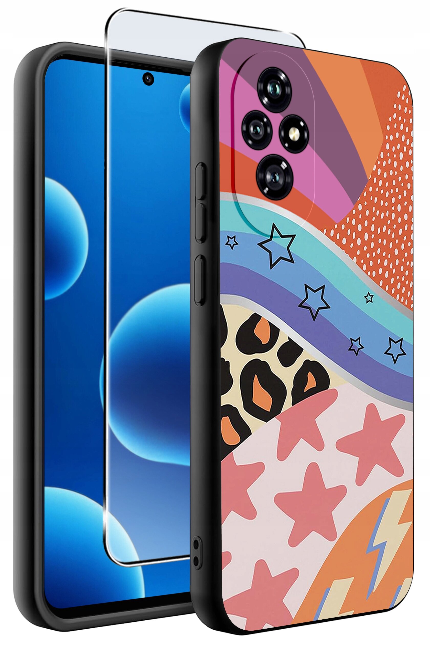 Obraz przedstawia kolorowe etui na telefon z różnorodnymi wzorami, takimi jak gwiazdy, paski i motywy zwierzęce. Obok etui znajduje się szkło ochronne na ekran.