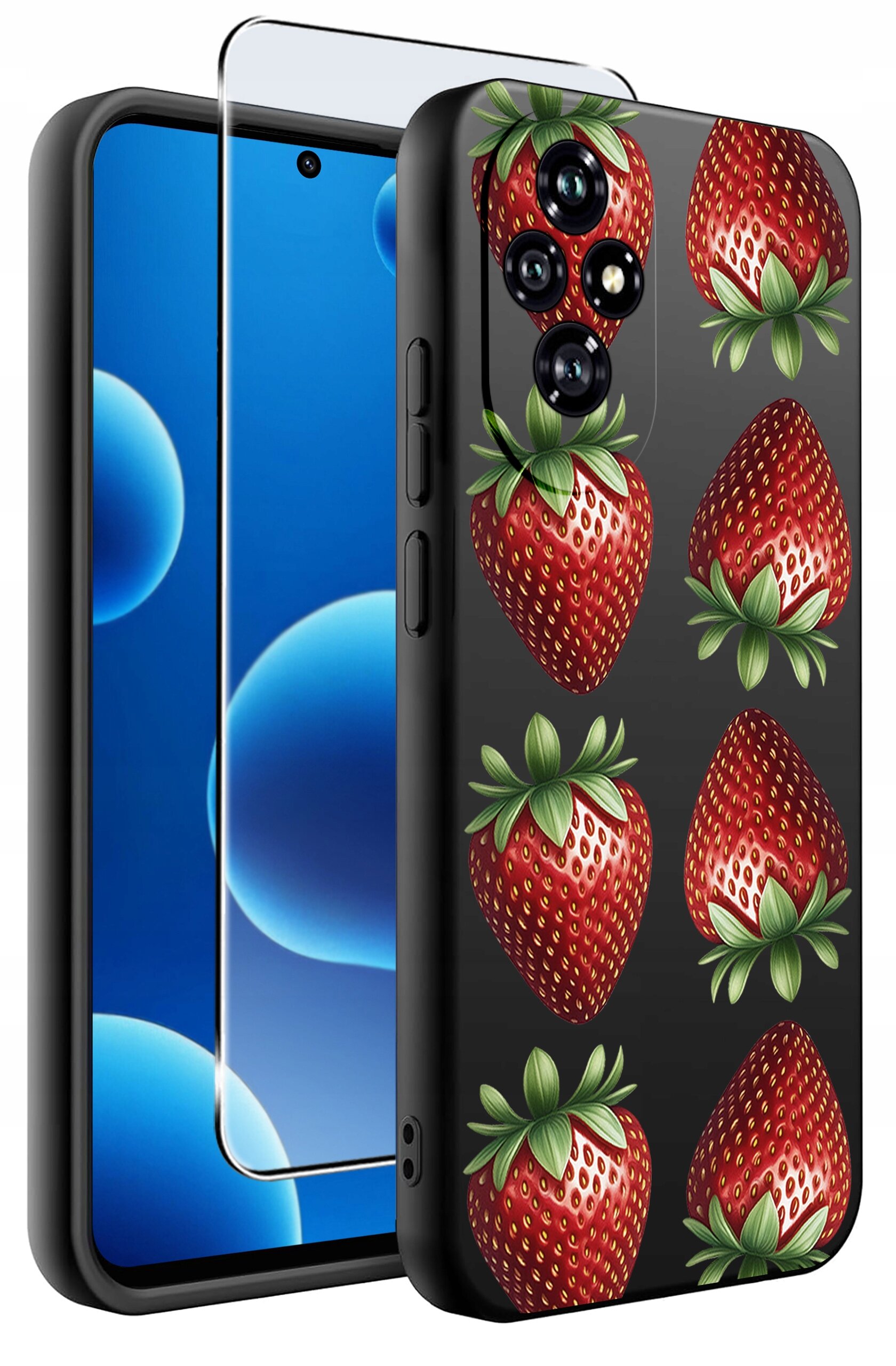 Etui na telefon z wzorem truskawek oraz szkło ochronne na ekran. Etui jest czarne z czerwonymi truskawkami i zielonymi liśćmi.