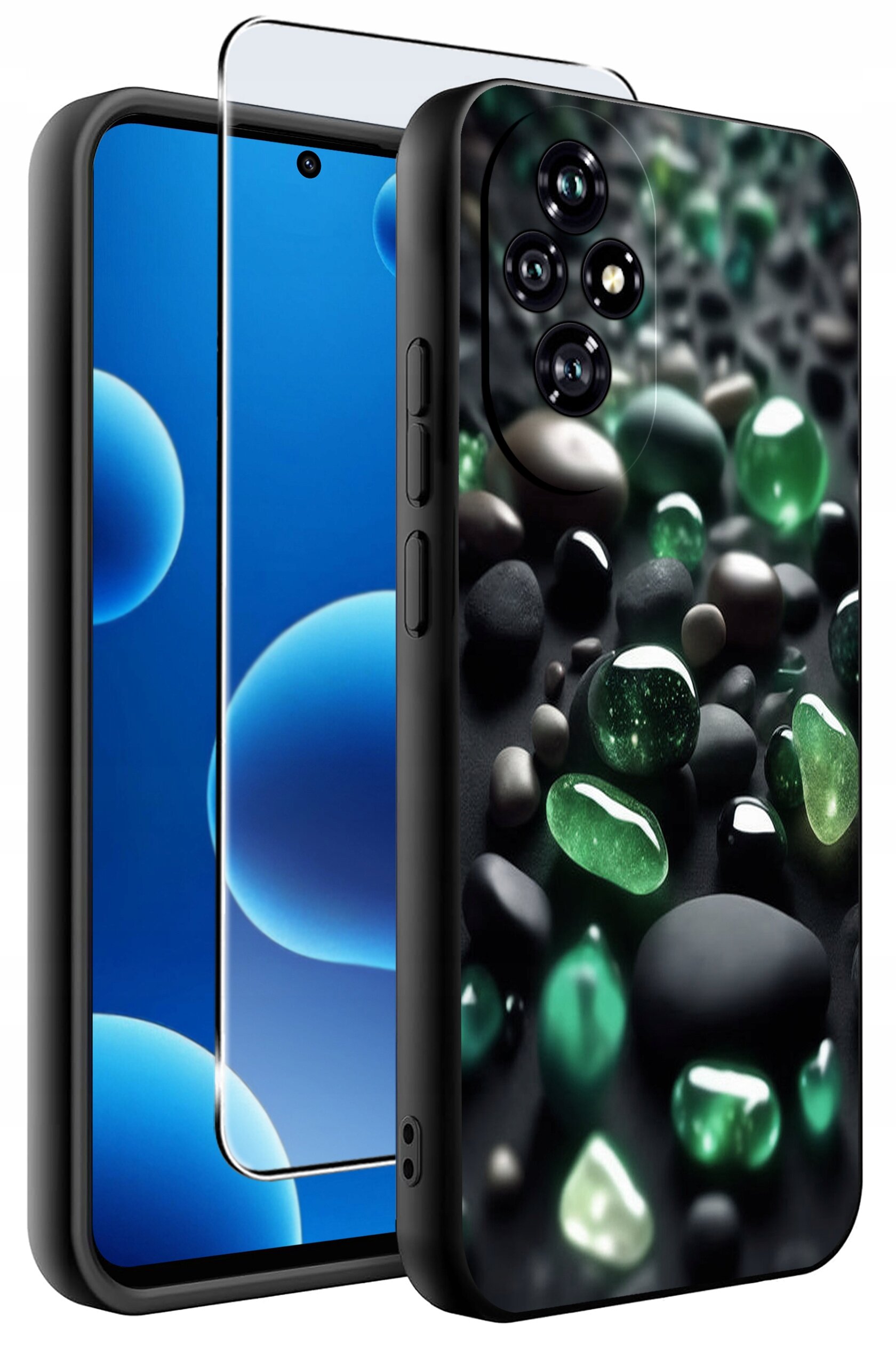 Obraz przedstawia etui na telefon z wzorem zielonych i czarnych kamieni oraz szkło ochronne na ekran. Telefon ma wyświetlacz z niebieskimi bąbelkami na ekranie.